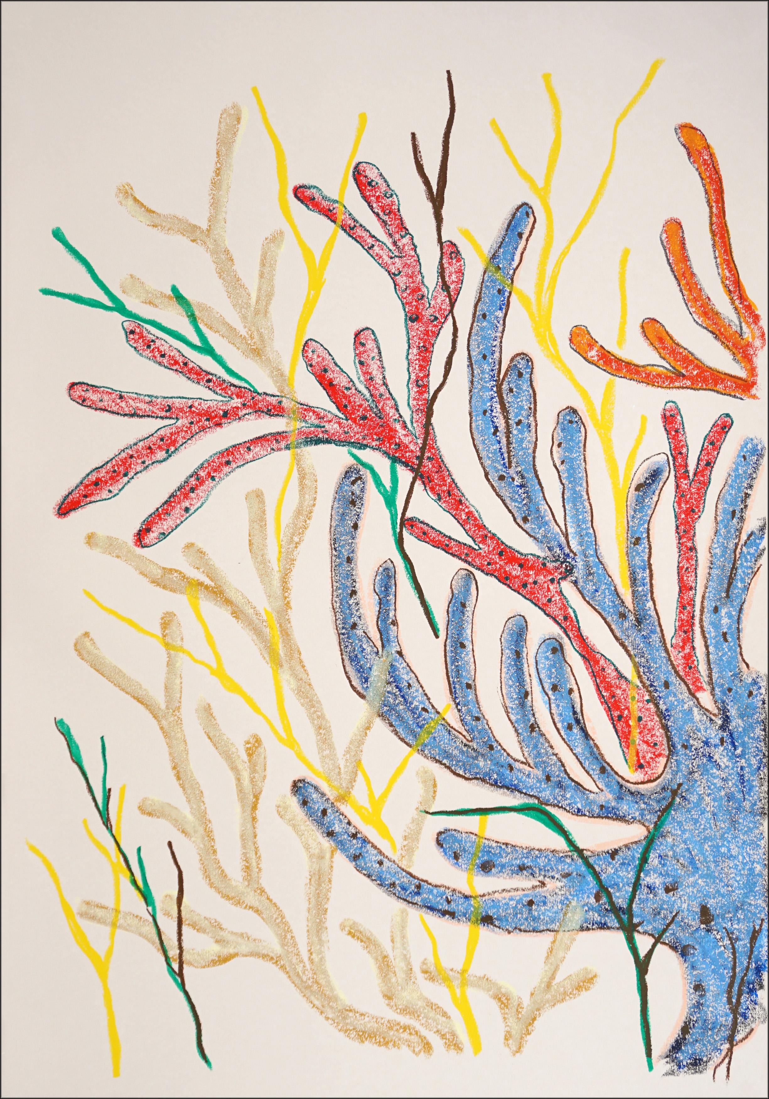 Blaue und rote Meeresflora, Korallenriff-Diptychon, Illustration biomorph auf Papier (Beige), Still-Life Painting, von Romina Milano