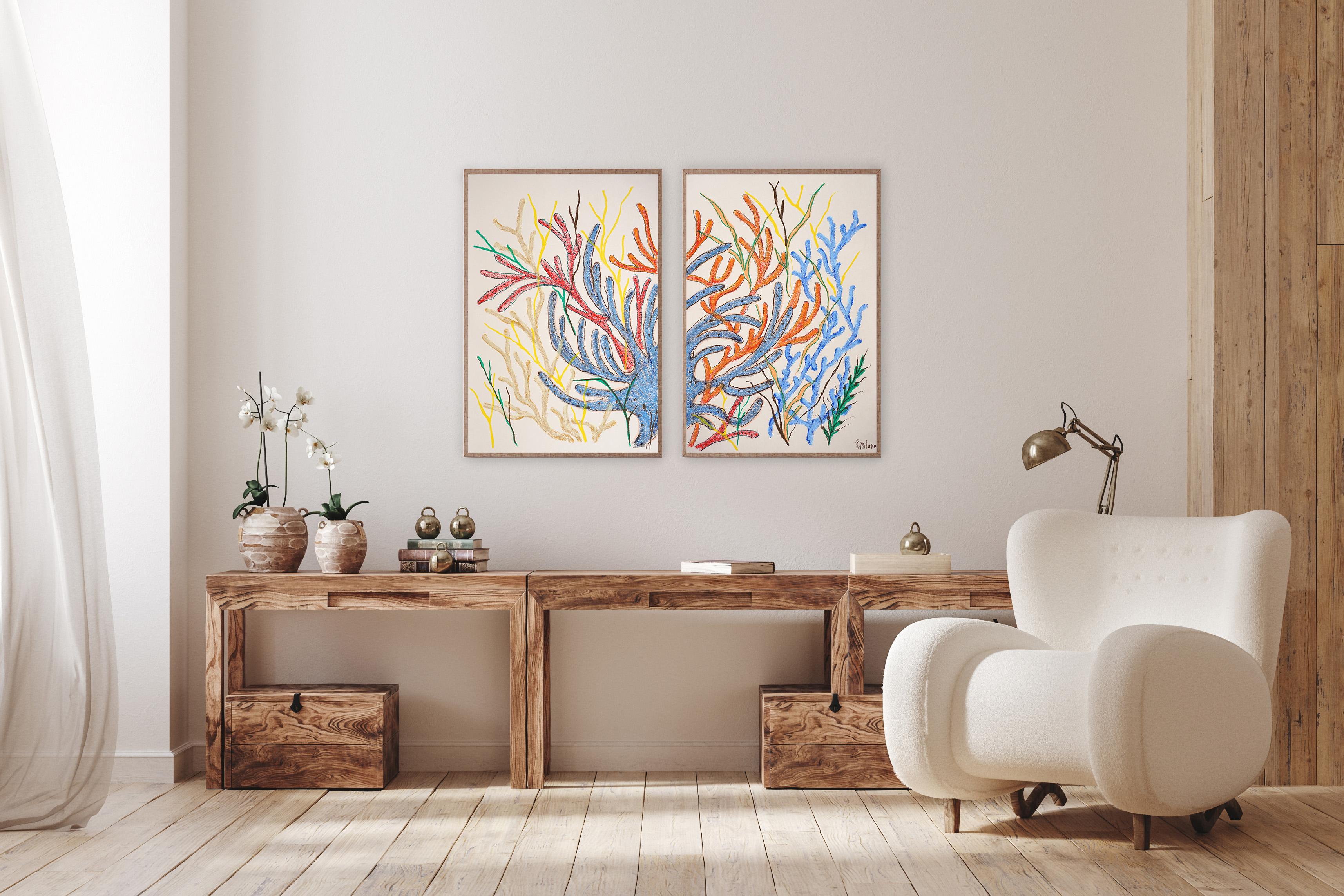 Blaue und rote Meeresflora, Korallenriff-Diptychon, Illustration biomorph auf Papier im Angebot 1