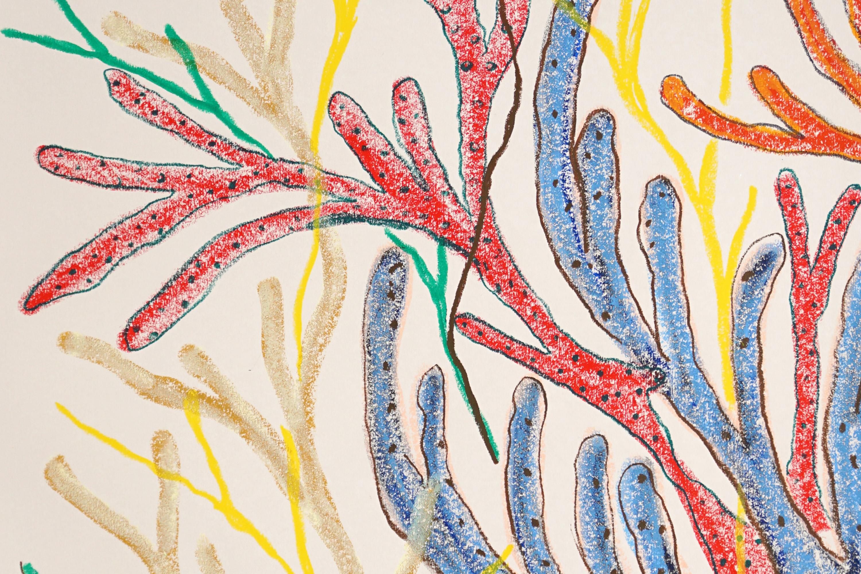 Blaue und rote Meeresflora, Korallenriff-Diptychon, Illustration biomorph auf Papier im Angebot 2