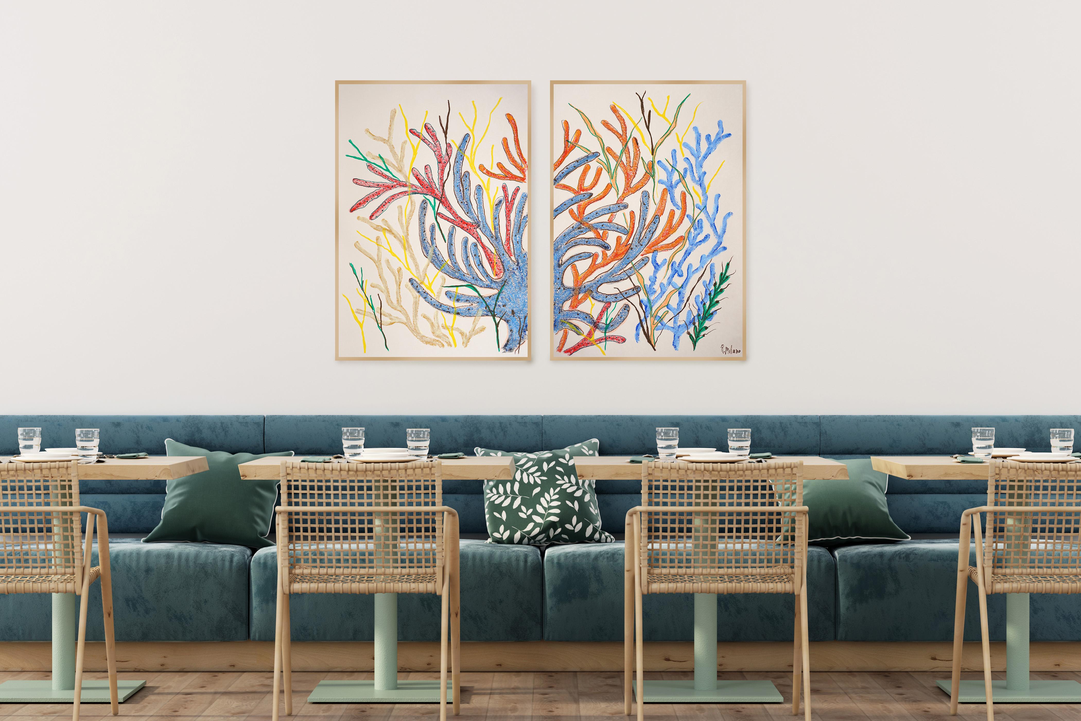 Blaue und rote Meeresflora, Korallenriff-Diptychon, Illustration biomorph auf Papier im Angebot 3