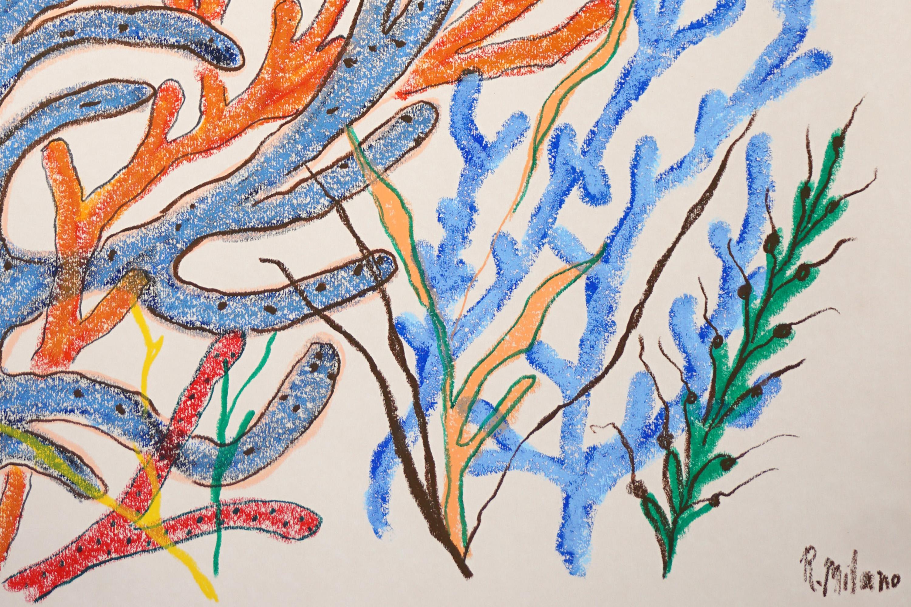 Blaue und rote Meeresflora, Korallenriff-Diptychon, Illustration biomorph auf Papier im Angebot 4