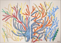 Blue and Red Marine Flora, Coral Reef Diptych, Illustration Biomorphic on Paper