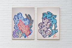 Blue Coral Bouquets, Organic Floral Abstraction Diptych, Gouache Crayon on Paper