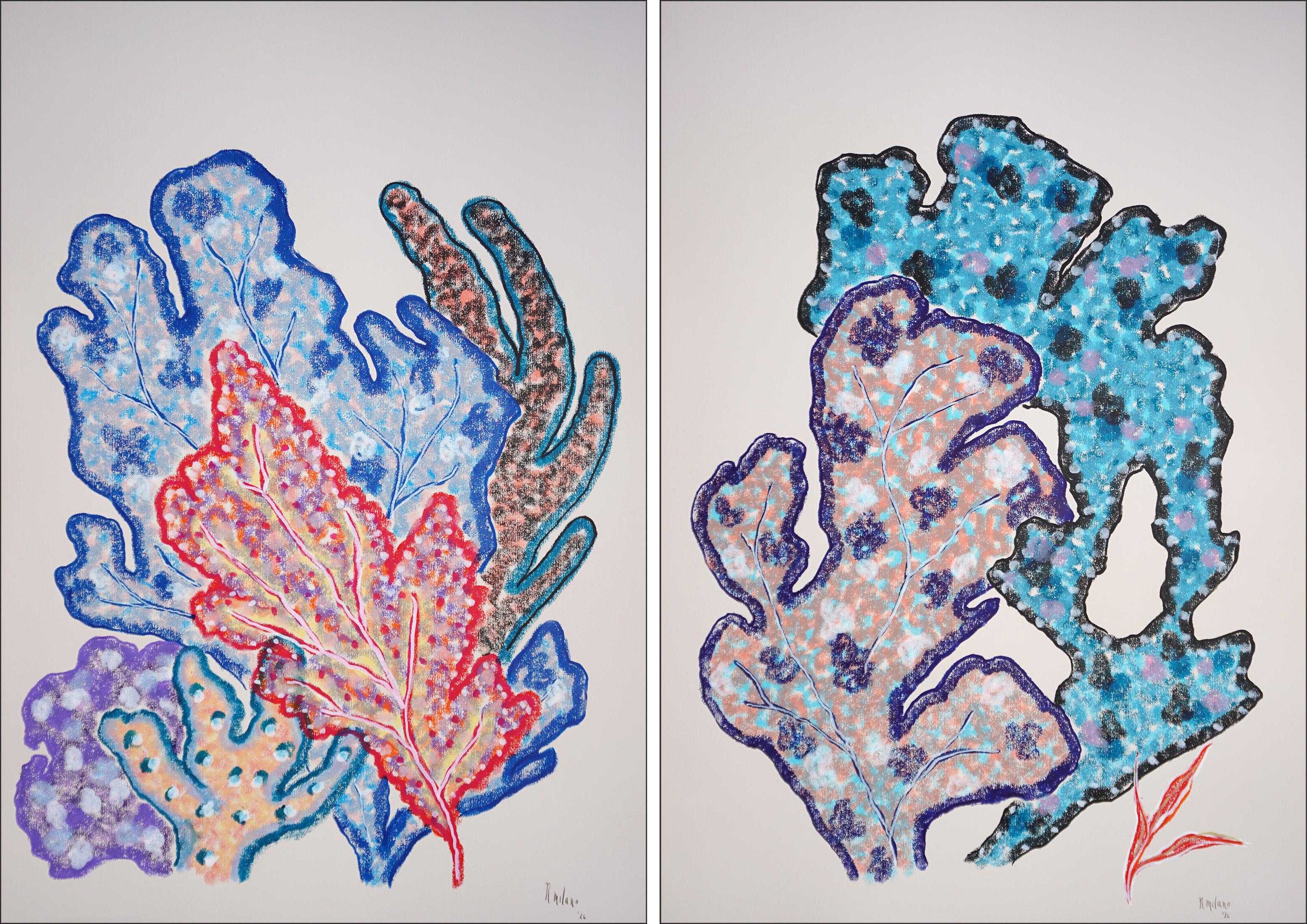 Landscape Painting Romina Milano - Blue Coral Bouquets, Organic Floral Abstraction Diptych, Gouache Crayon sur papier
