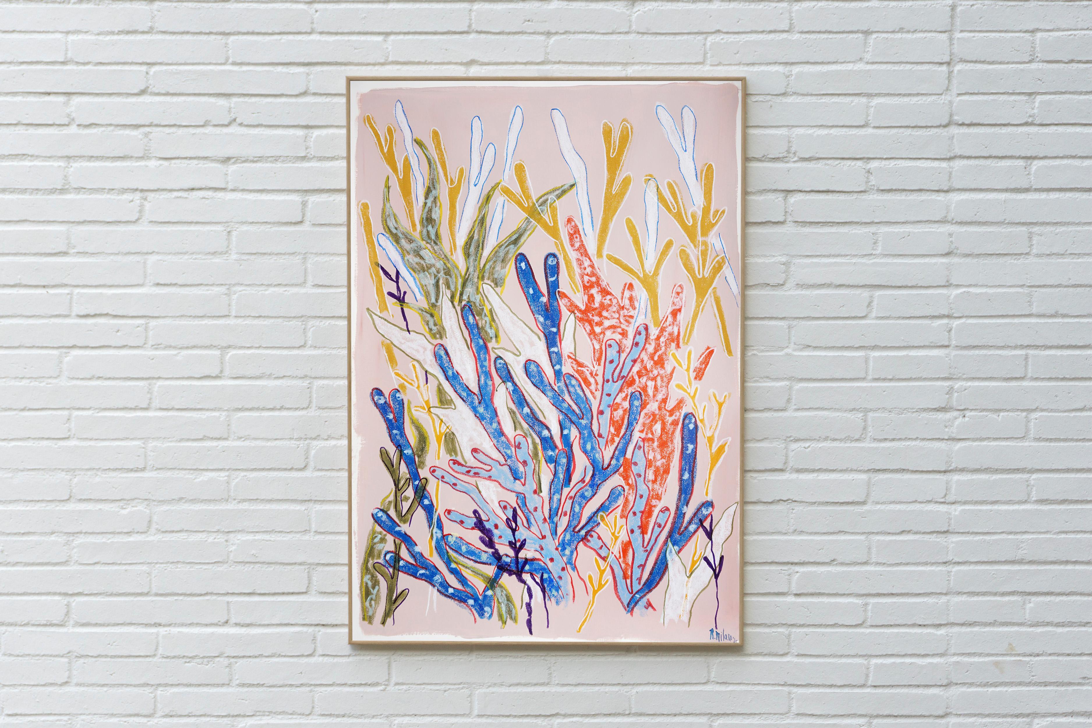 Blue Coral Forest, Coral Reef, Illustration Style Painting, Organic Gestures - Beige Still-Life Painting by Romina Milano