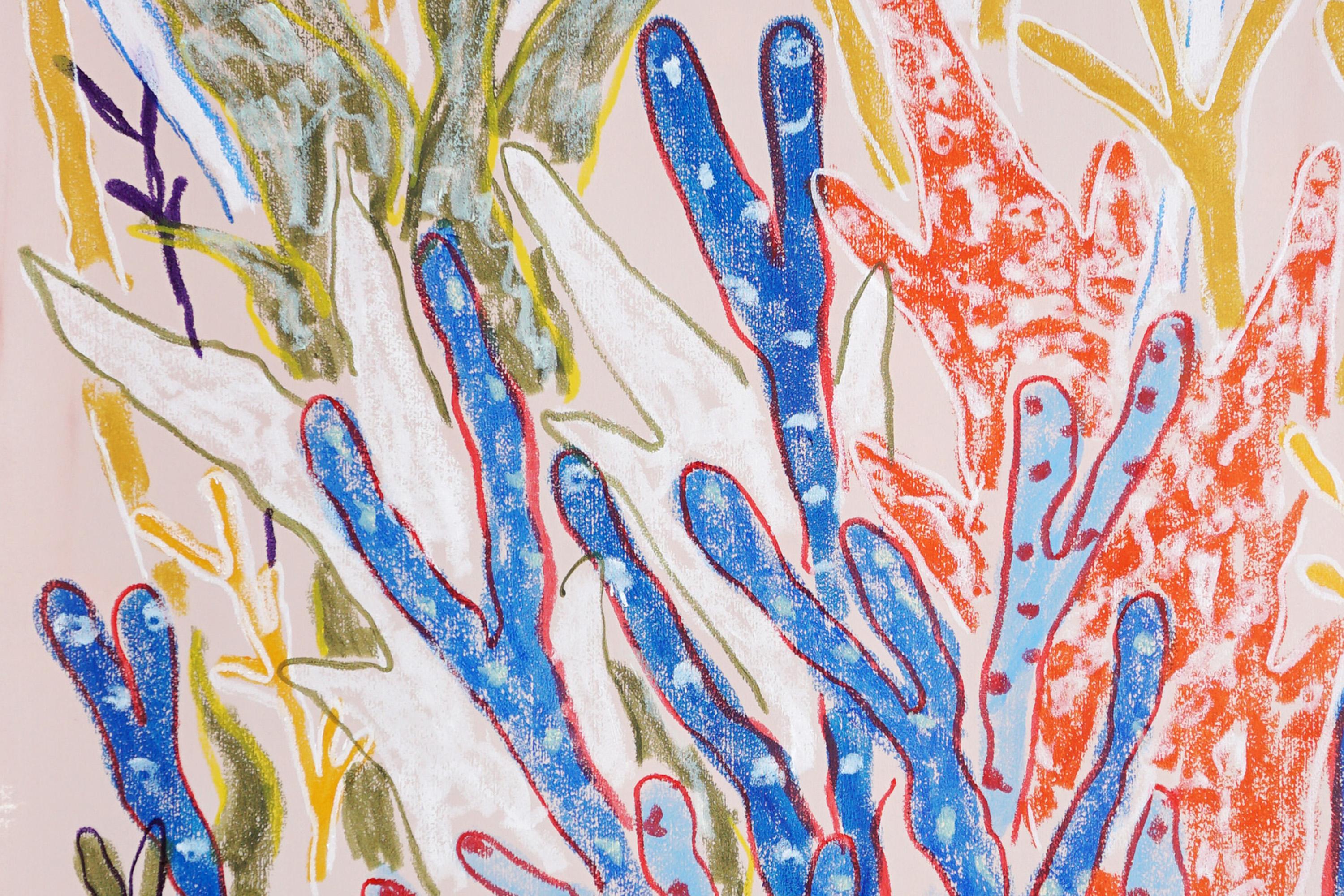 Blue Coral Forest is a vibrant diptych that captures the rich diversity and texture of underwater coral life. The artist uses confident lines and bold, layered colors—reds, blues, yellows, purples, and earthy browns—to create a lively, almost