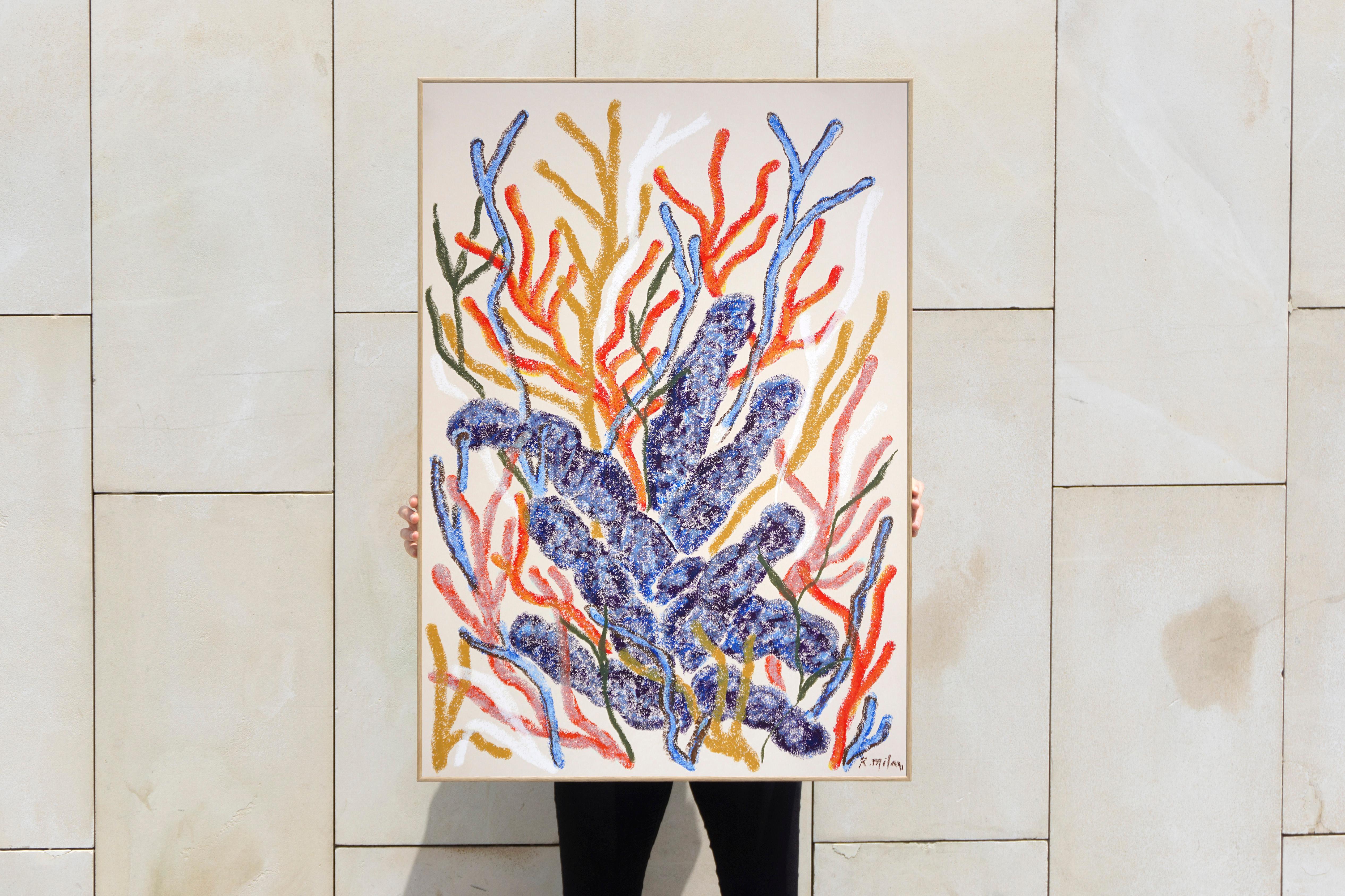 Blue Coral Painting, Biomorphic Seascape in Orange, Illustration Style on Paper - Beige Landscape Painting by Romina Milano