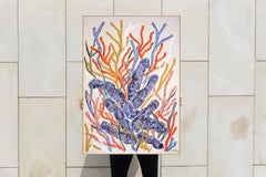 Blue Coral Painting, Biomorphic Seascape in Orange, Illustration Style on Paper