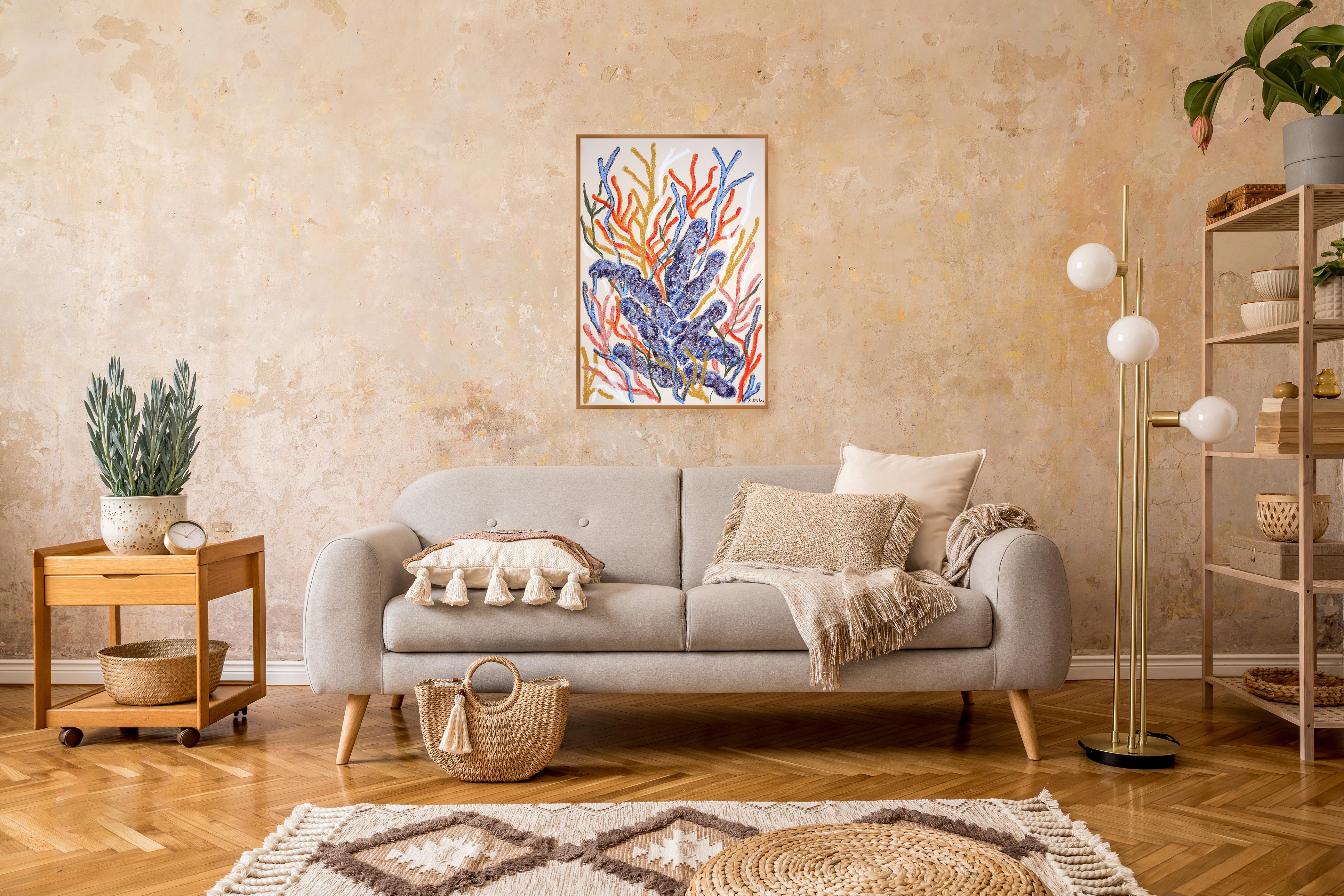 This striking work captures the beauty and vitality of coral reefs through bold abstraction and a masterful use of color. The vivid contrast of cobalt blues and fiery oranges creates a sense of rhythm and movement, making the piece an eye-catching