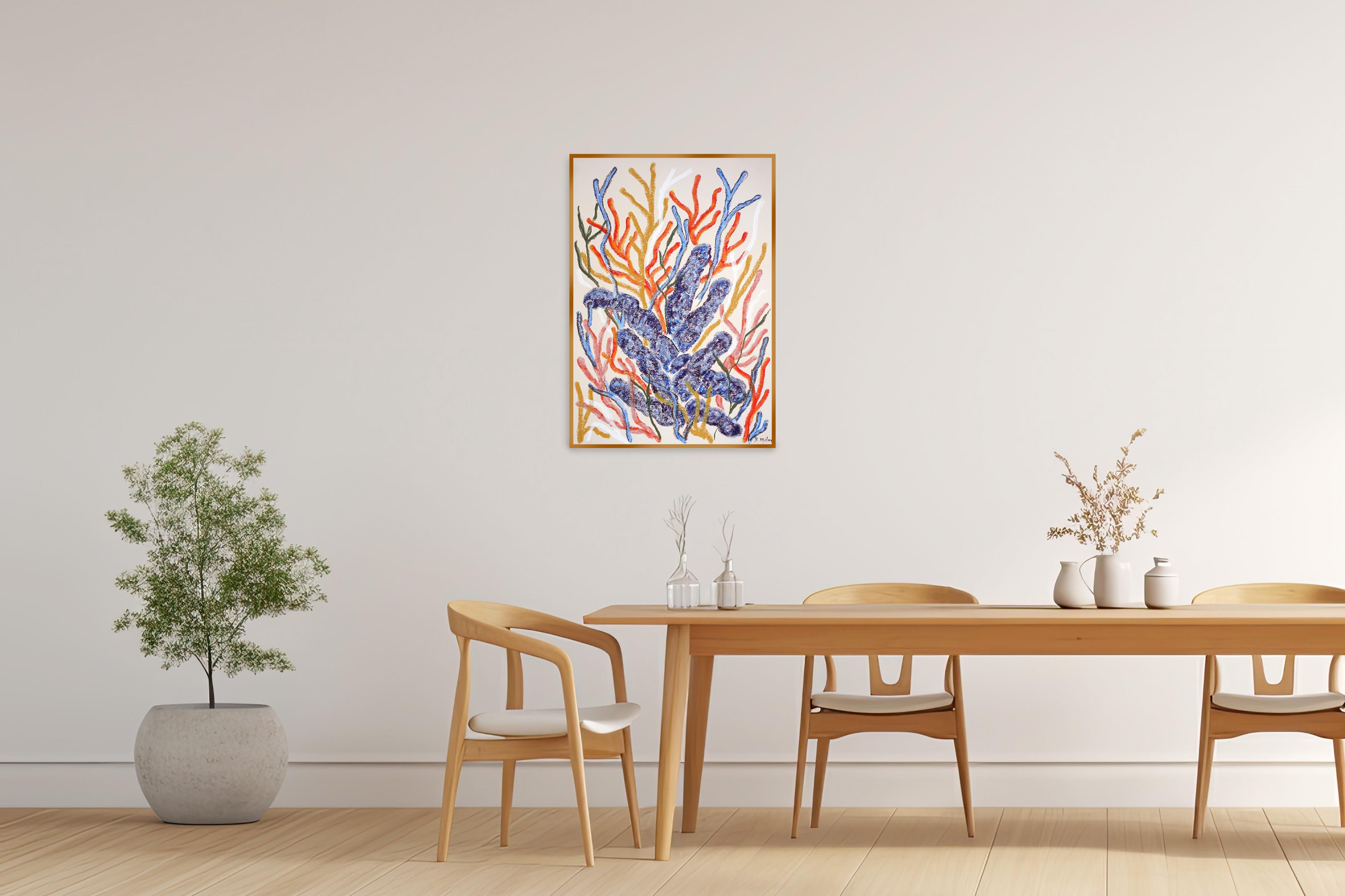 Blue Coral Painting, Biomorphic Seascape in Orange, Illustration Style on Paper For Sale 1