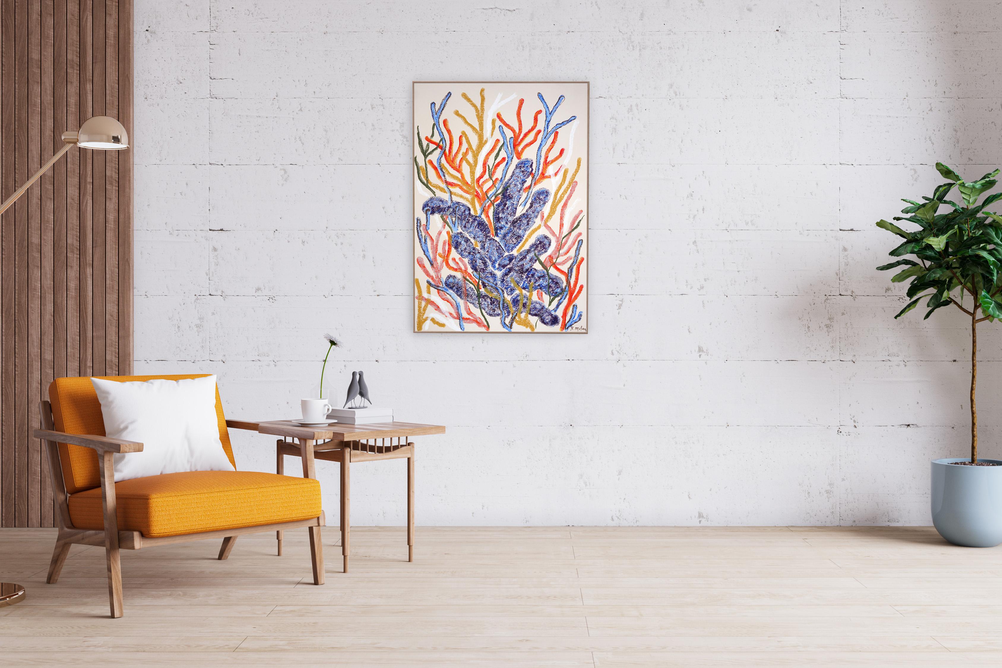 Blue Coral Painting, Biomorphic Seascape in Orange, Illustration Style on Paper For Sale 2