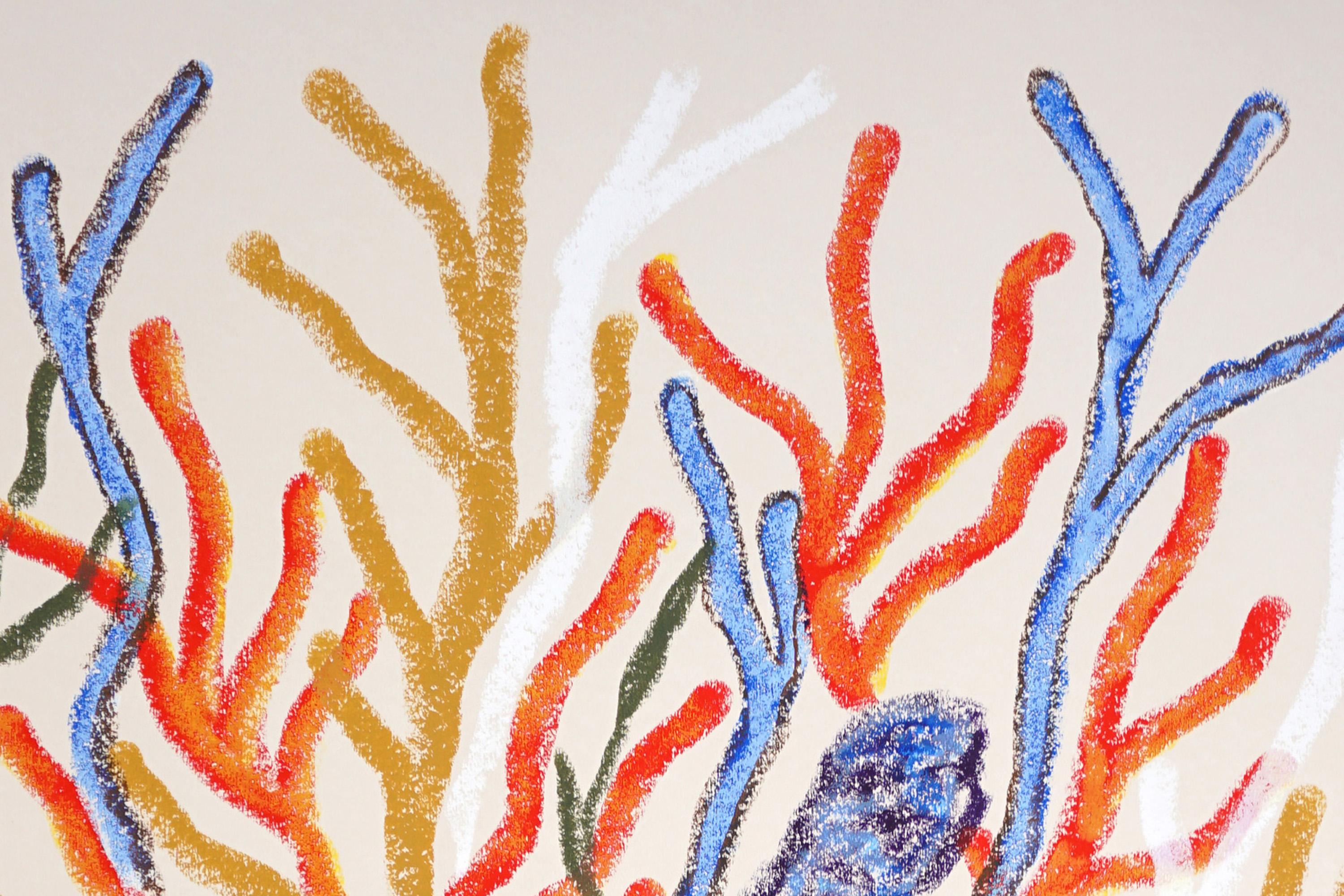 Blue Coral Painting, Biomorphic Seascape in Orange, Illustration Style on Paper For Sale 3