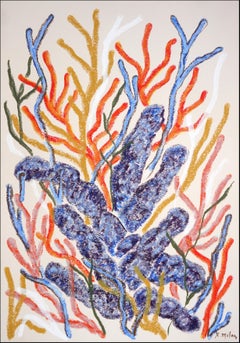 Blue Coral Painting, Biomorphic Seascape in Orange, Illustration Style on Paper