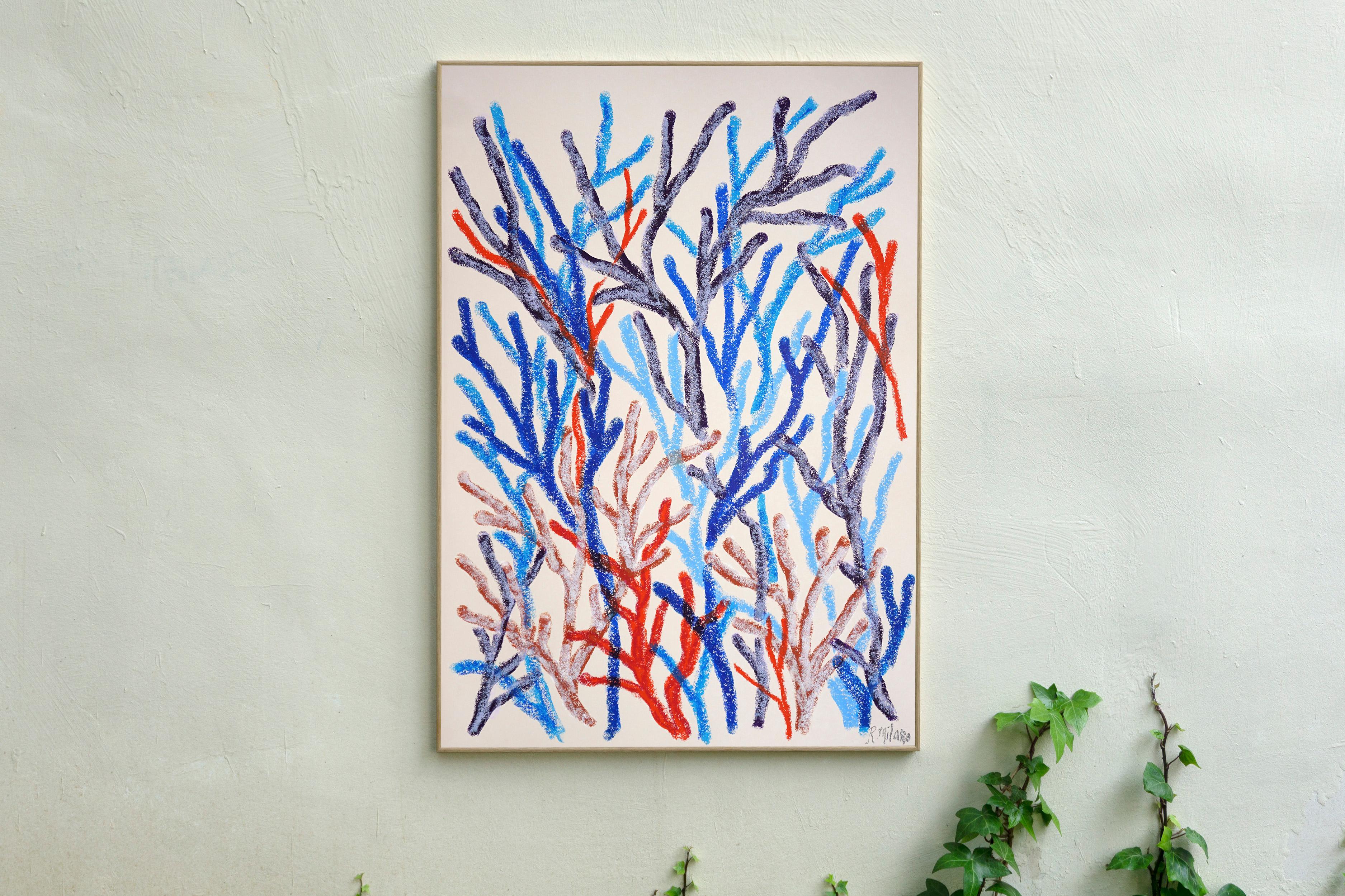Unscharfe Meeresflora, organische Korallenäste, biomorphe Meereslandschaft Malerei auf Papier – Painting von Romina Milano