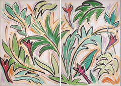 Botanical Garden Afternoon, Flowers and Green Leafs Tree Tropical Expressionist