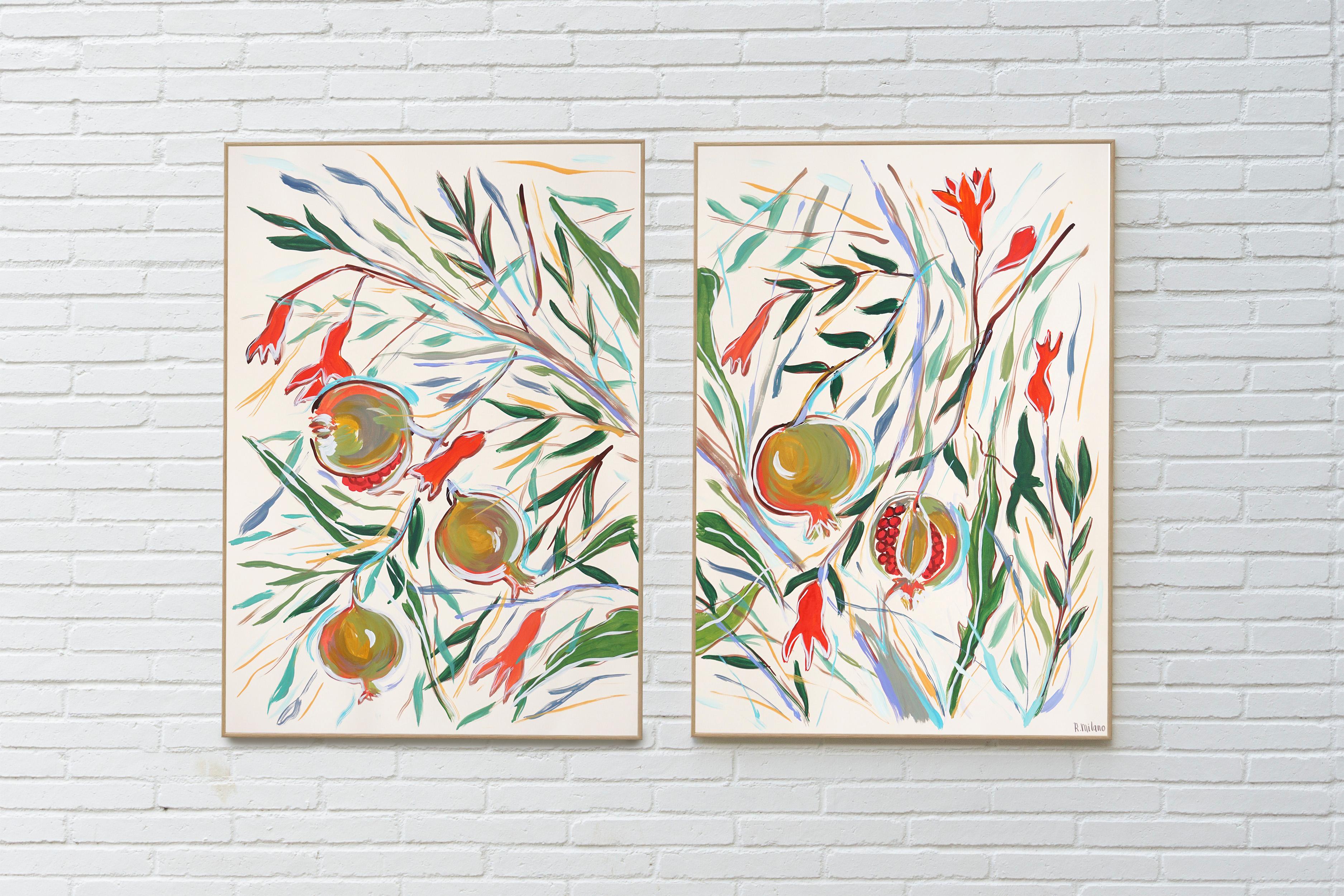 Ilustración Botánica de Granadas Maduras Díptico, Árbol Frutal, Acuarela 2024 - Painting de Romina Milano