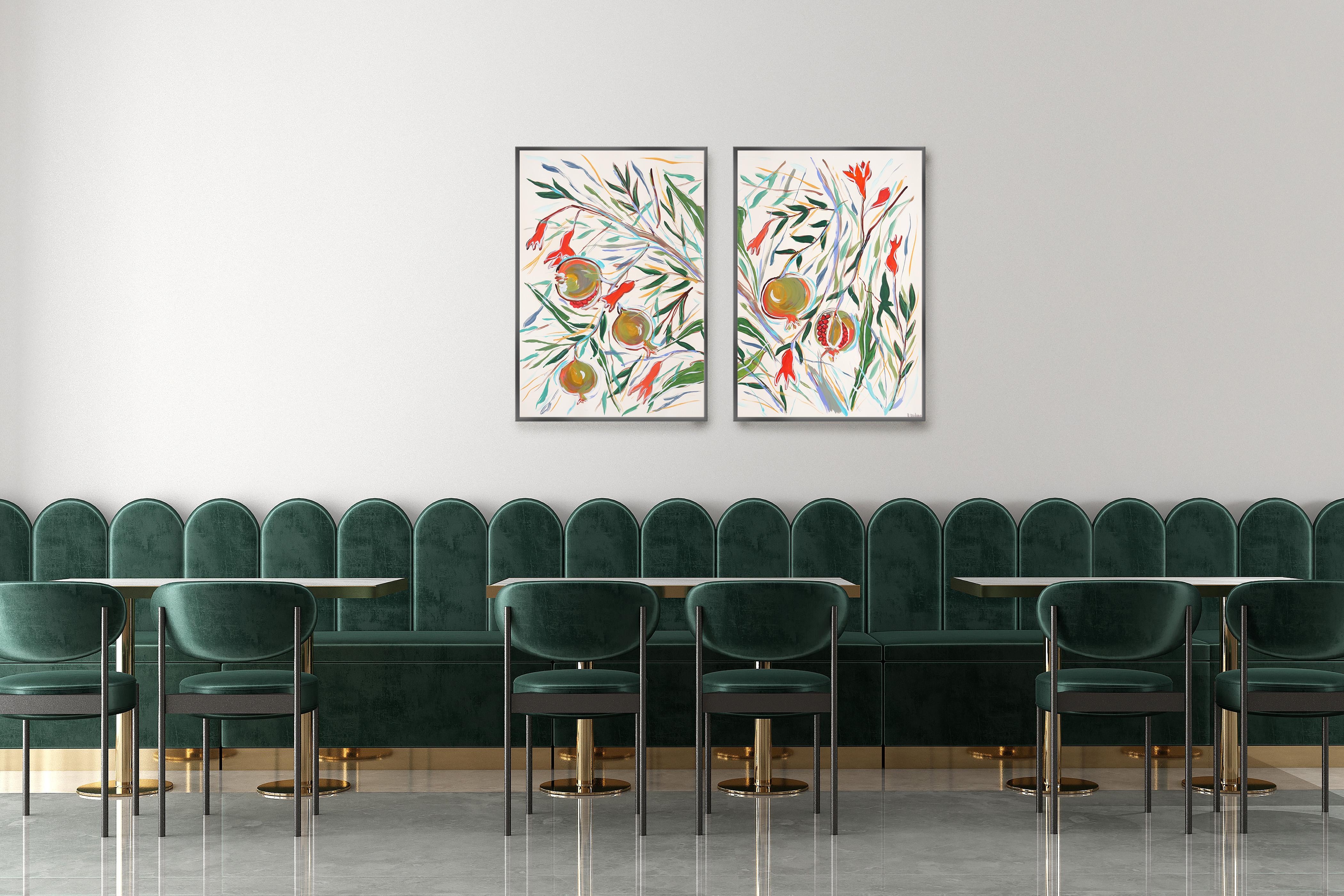 Ilustración Botánica de Granadas Maduras Díptico, Árbol Frutal, Acuarela 2024 - Painting Fauvista de Romina Milano