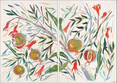 Ilustración Botánica de Granadas Maduras Díptico, Árbol Frutal, Acuarela 2024
