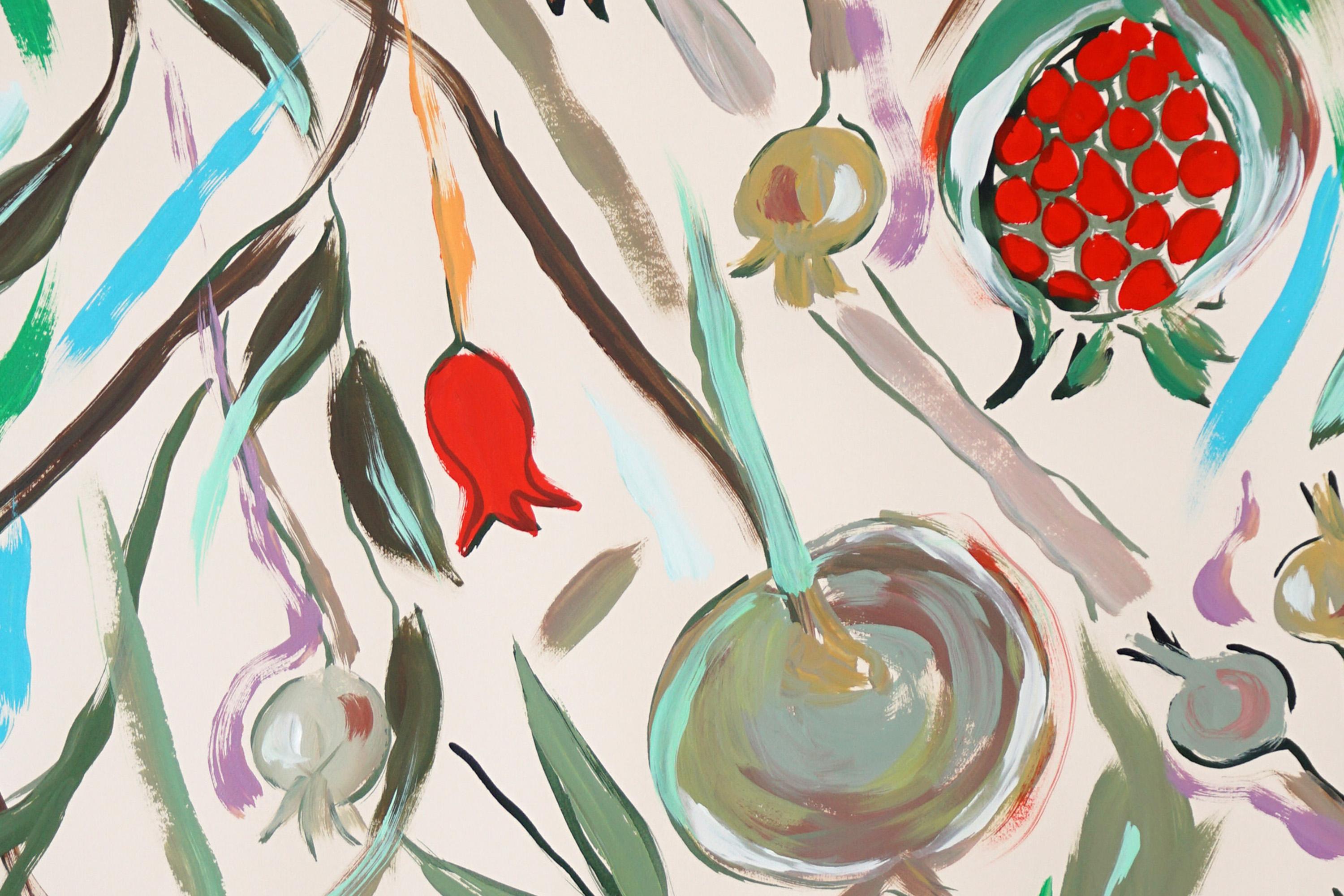 Illustration botanique de grenades mûres Triptyque, arbre fruitier, aquarelle en vente 5