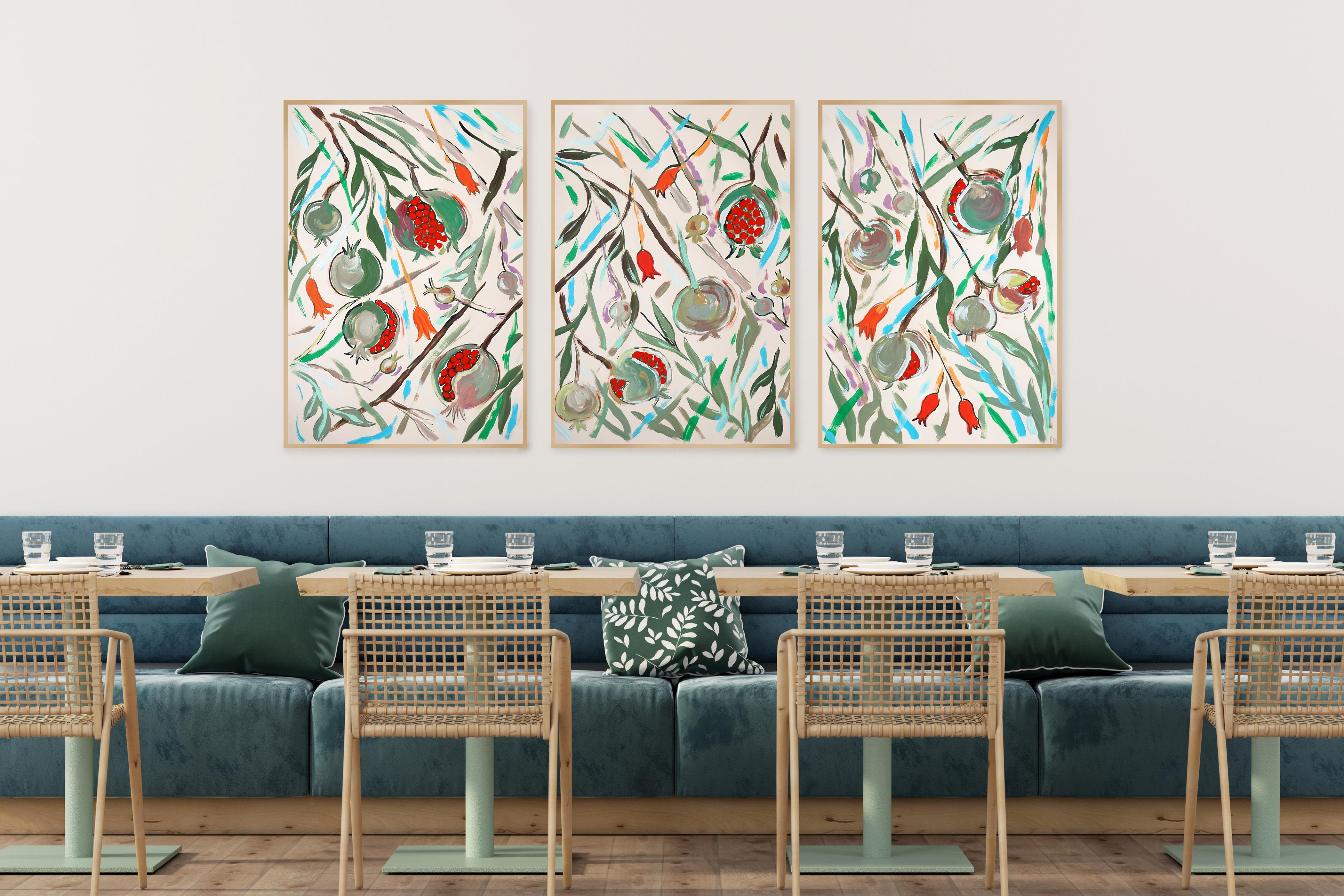 Illustration botanique de grenades mûres Triptyque, arbre fruitier, aquarelle - Painting de Romina Milano