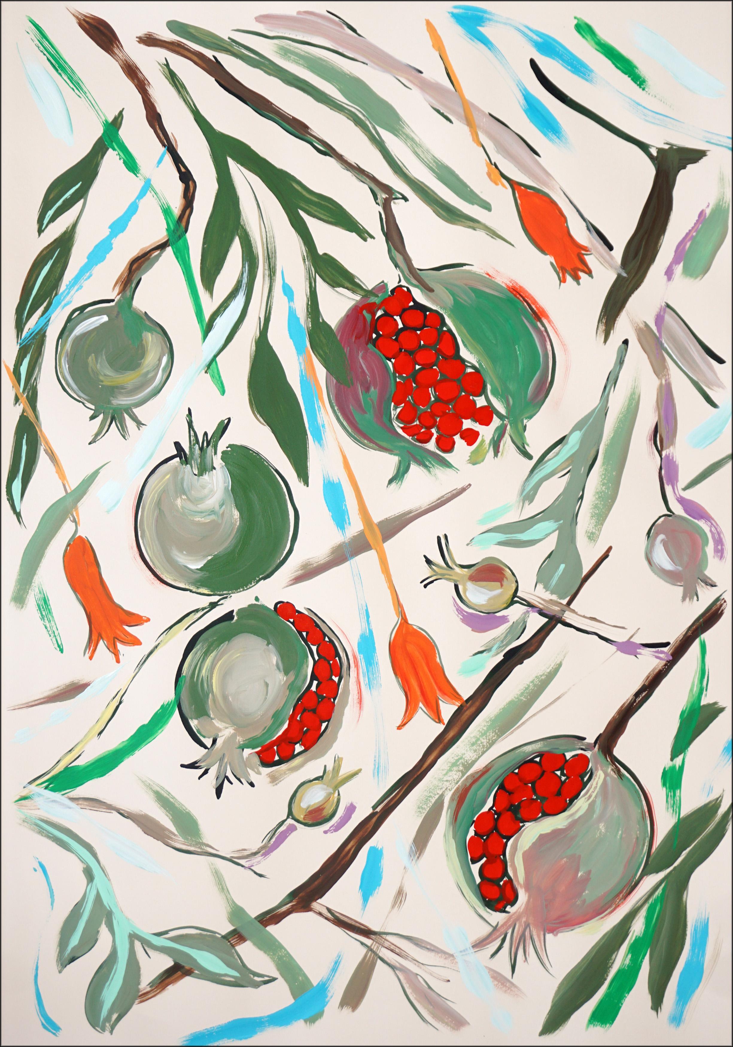 Illustration botanique de grenades mûres Triptyque, arbre fruitier, aquarelle - Gris Landscape Painting par Romina Milano