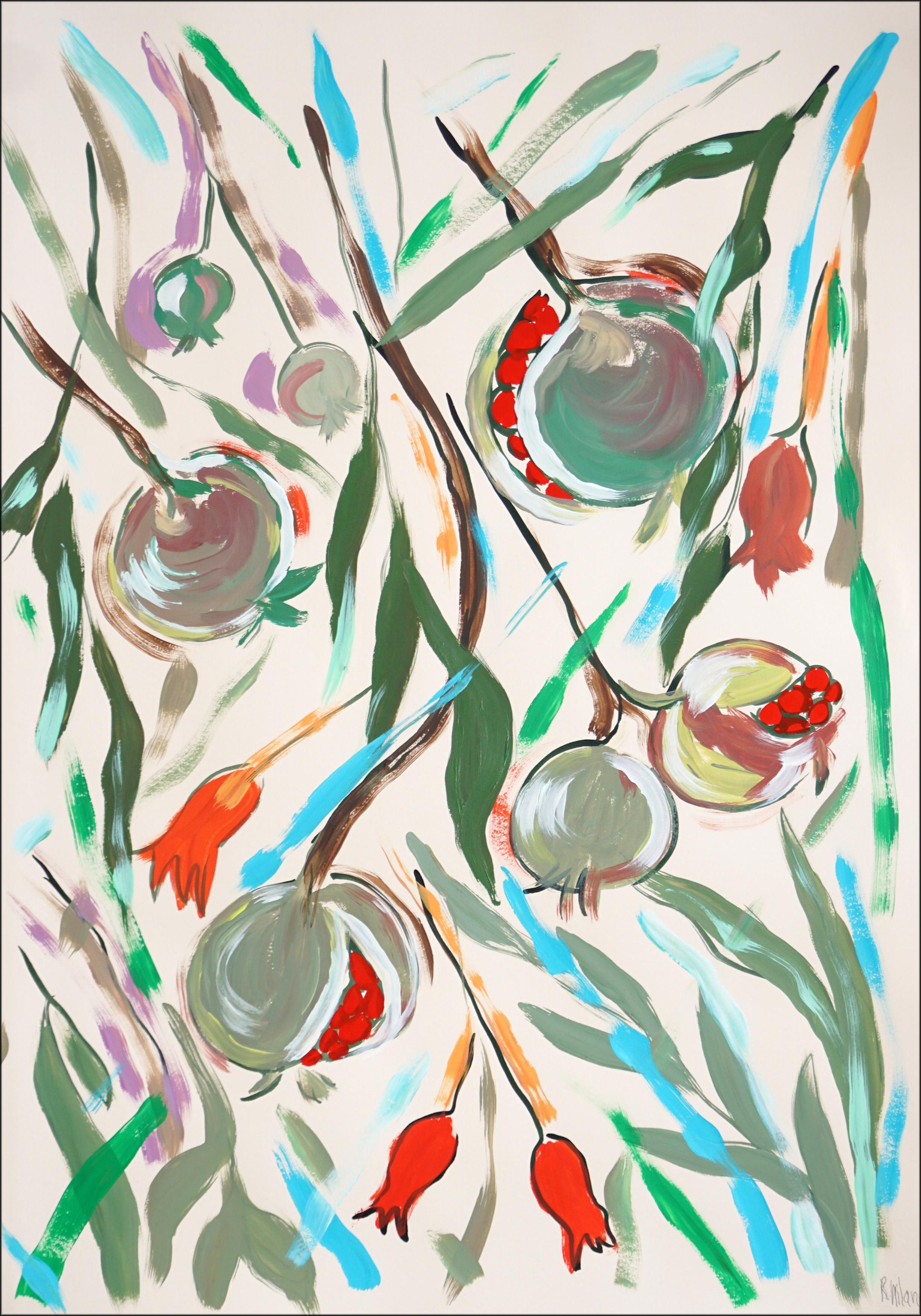 Illustration botanique de grenades mûres Triptyque, arbre fruitier, aquarelle en vente 1
