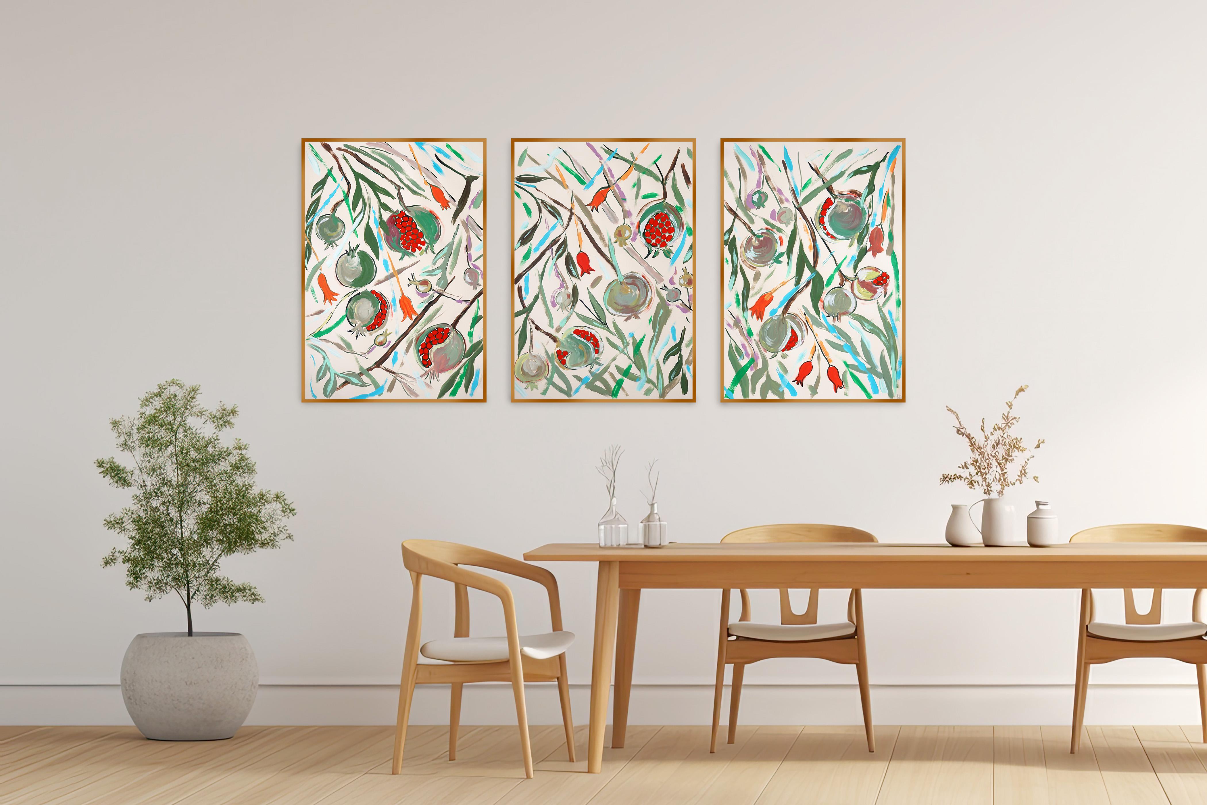 Illustration botanique de grenades mûres Triptyque, arbre fruitier, aquarelle en vente 2