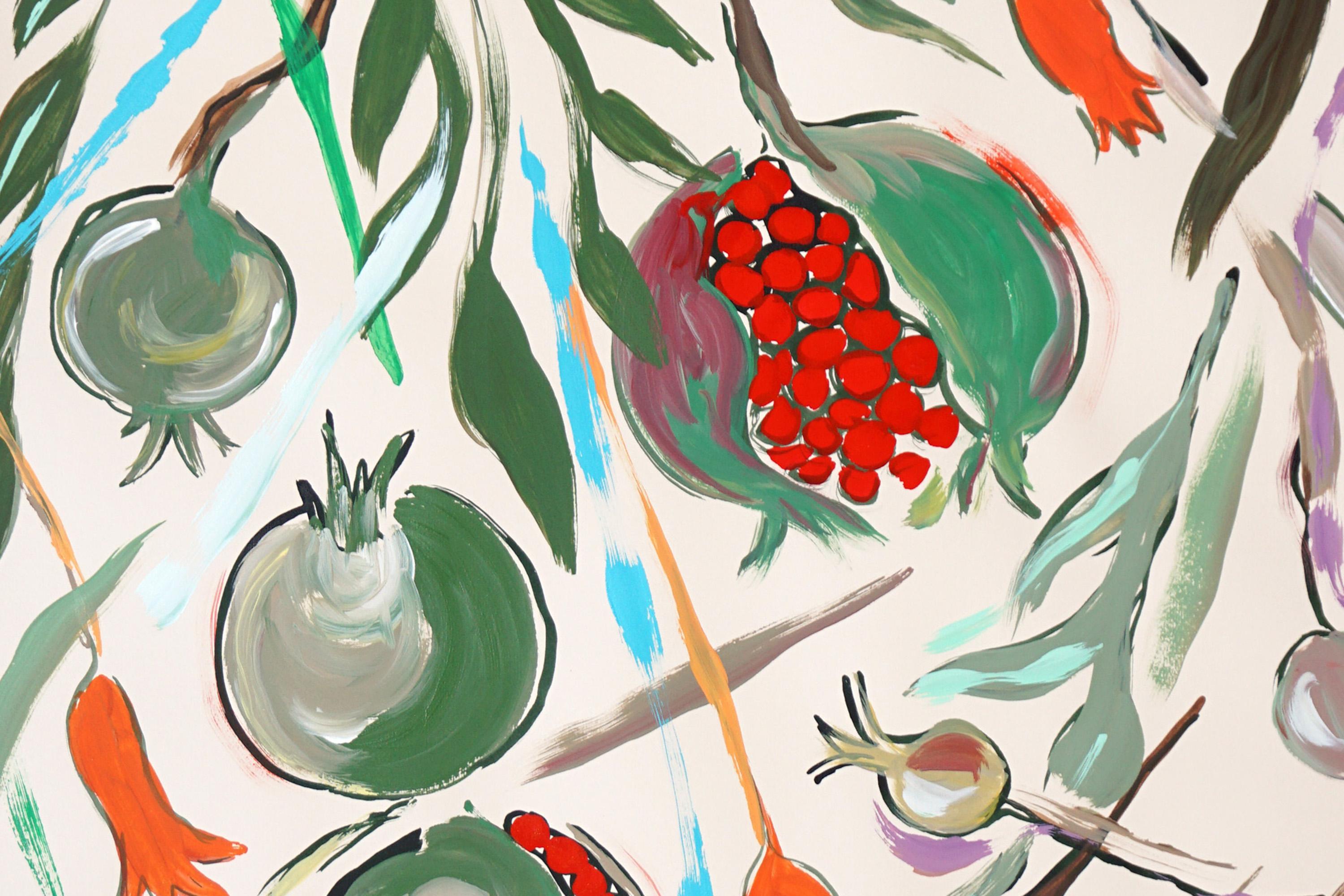 Illustration botanique de grenades mûres Triptyque, arbre fruitier, aquarelle en vente 3