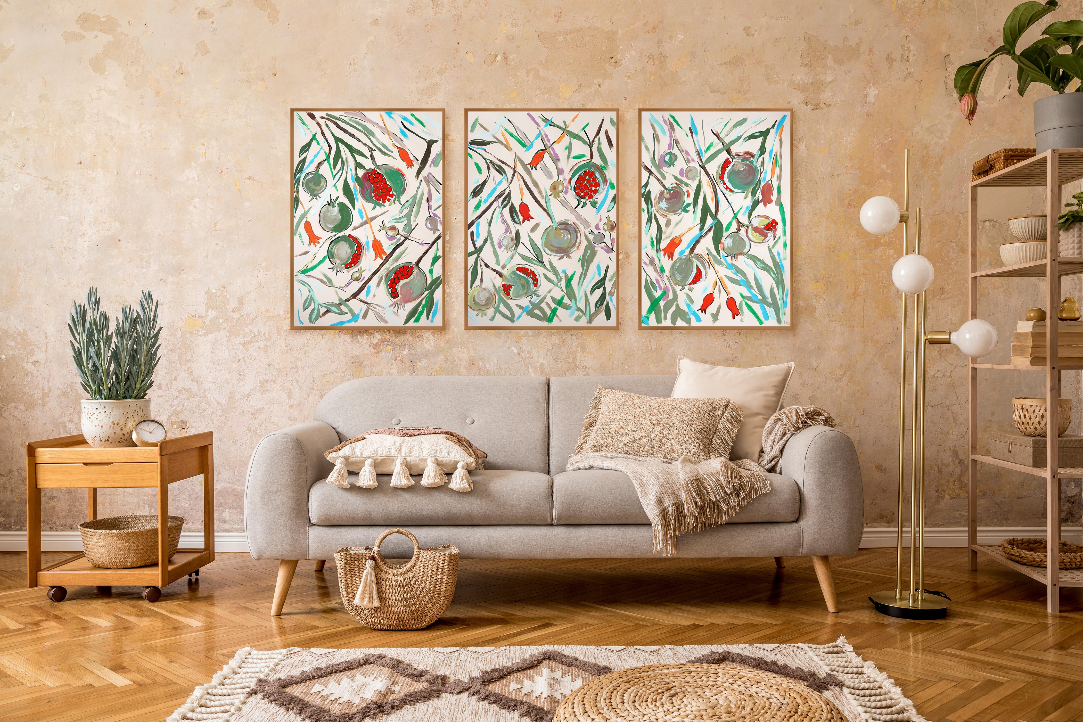 Illustration botanique de grenades mûres Triptyque, arbre fruitier, aquarelle en vente 4