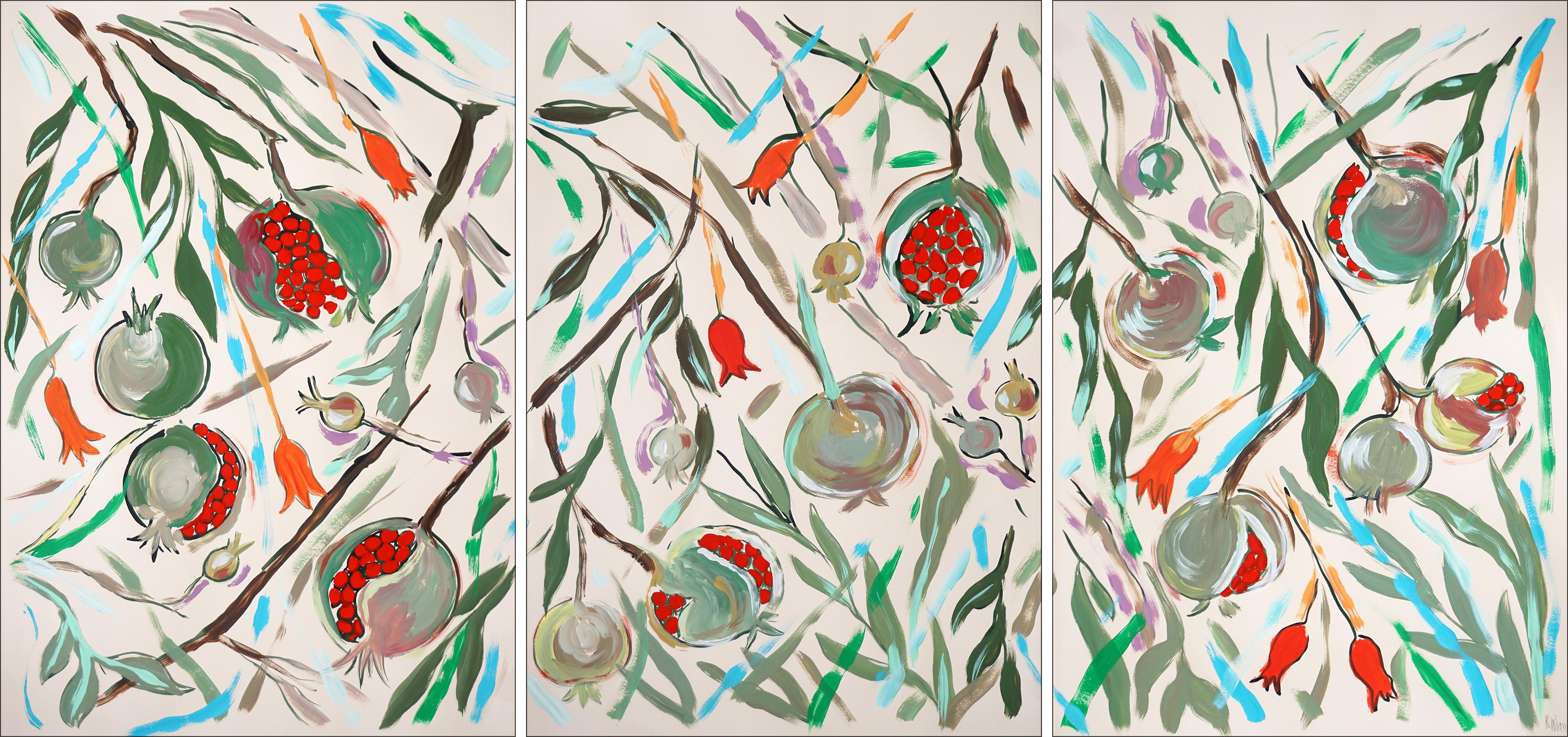 Botanicische Illustration von Ripe Granatapfel Triptychon, Obstbaum, Aquarell