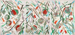 Botanicische Illustration von Ripe Granatapfel Triptychon, Obstbaum, Aquarell