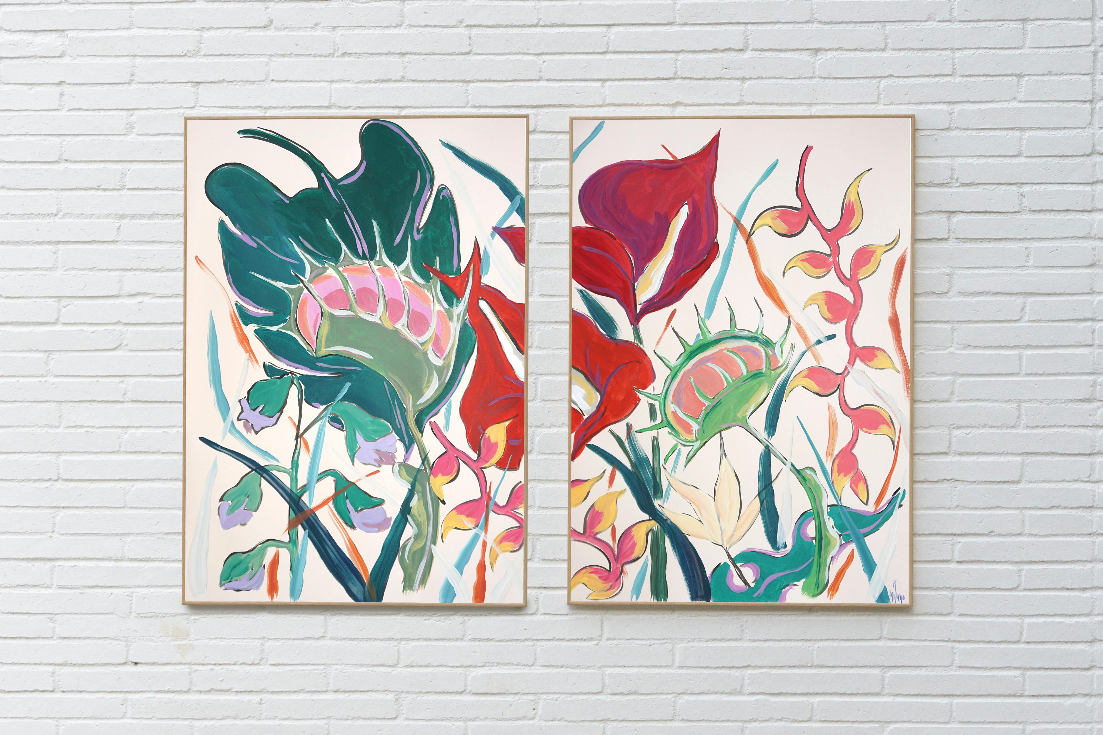 Botanical Painting, Large Diptych of Exotic Flowers, Expressionist Illustration - Naturalistic Print by Romina Milano