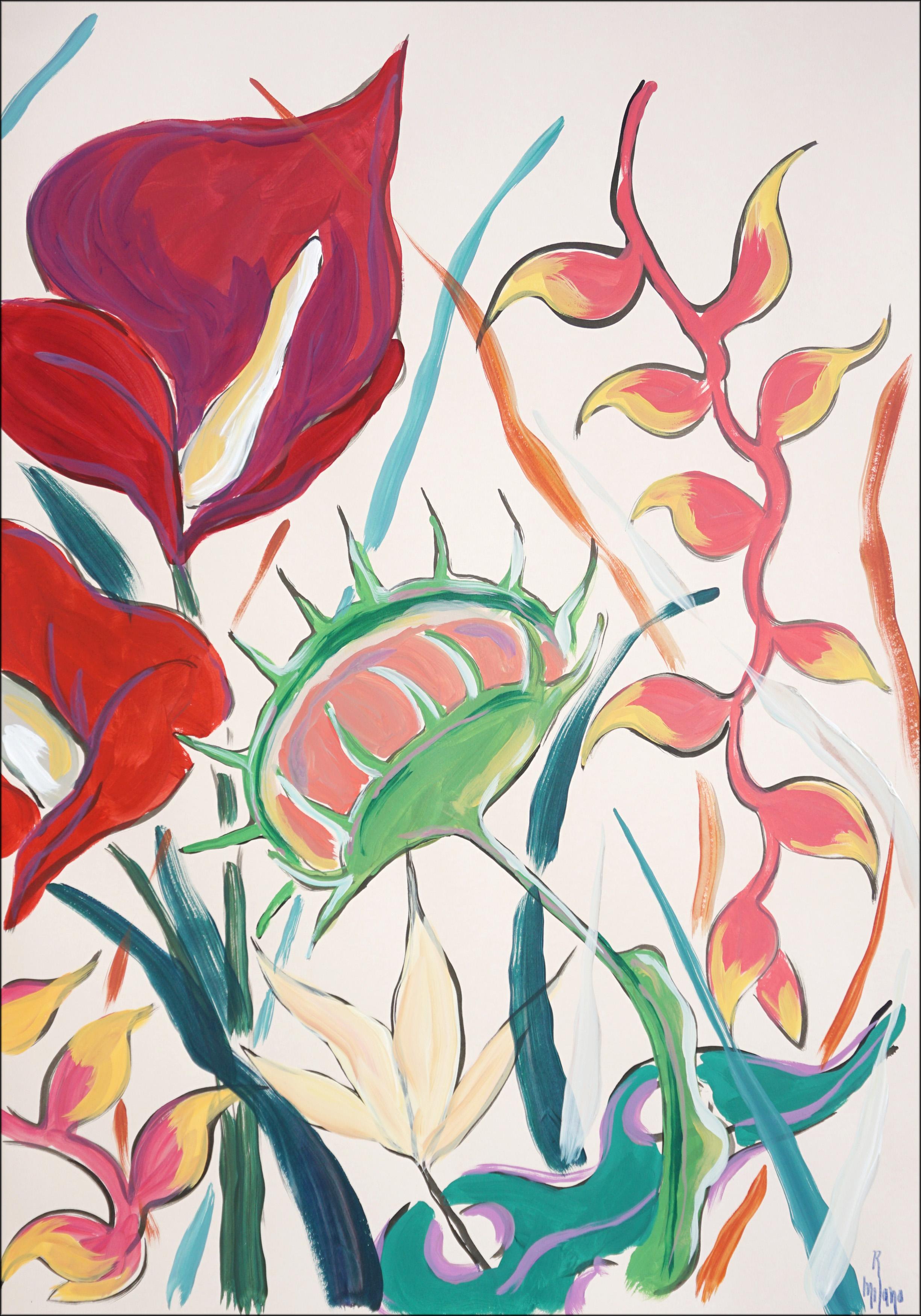 Venus Trap Bloom is a bold diptych that reimagines botanical forms through vibrant color and dynamic brushwork. Oversized leaves and exotic blossoms—some reminiscent of Venus flytraps and tropical flowers—unfurl across the painting in sweeping