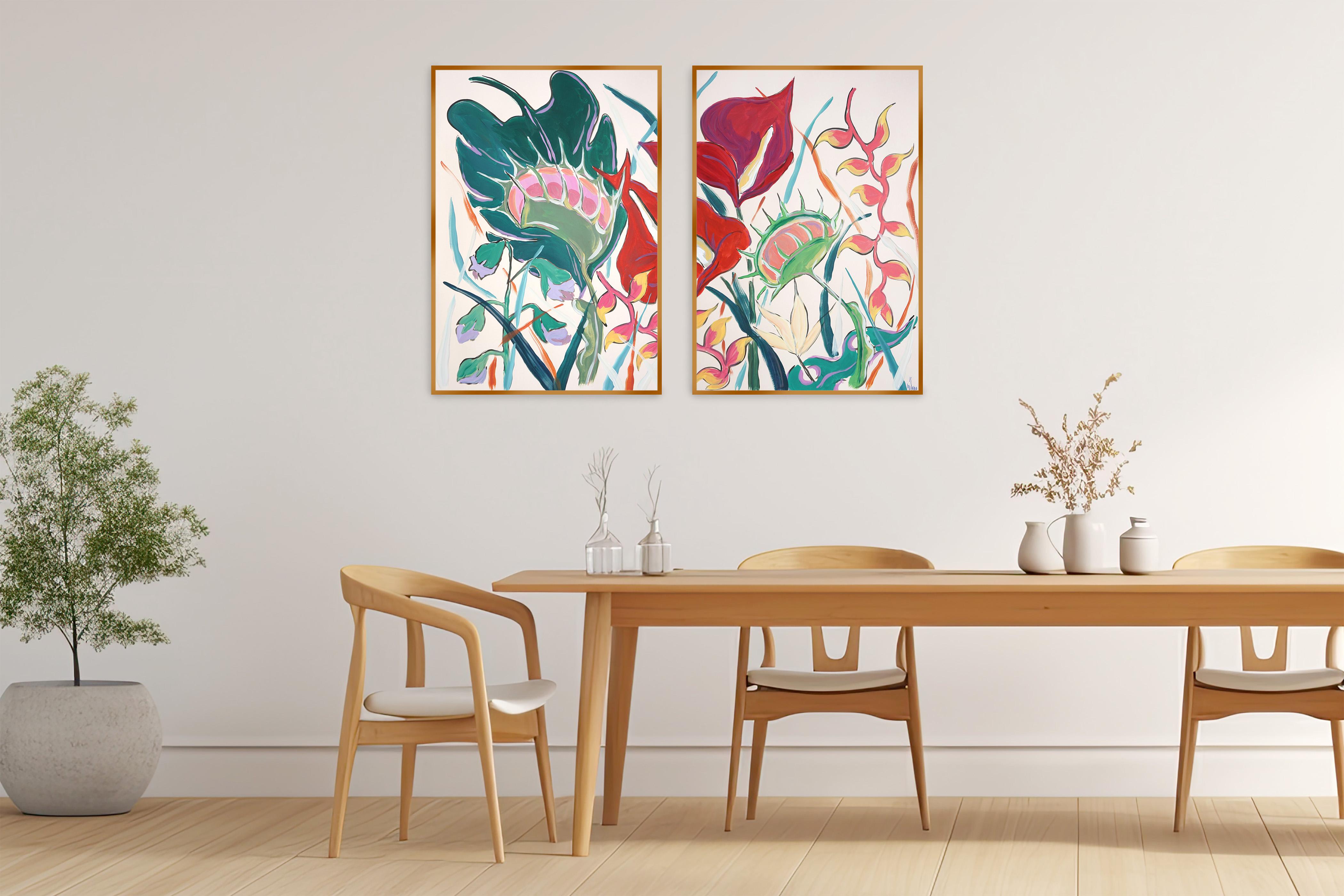 Botanical Painting, Large Diptych of Exotic Flowers, Expressionist Illustration For Sale 1