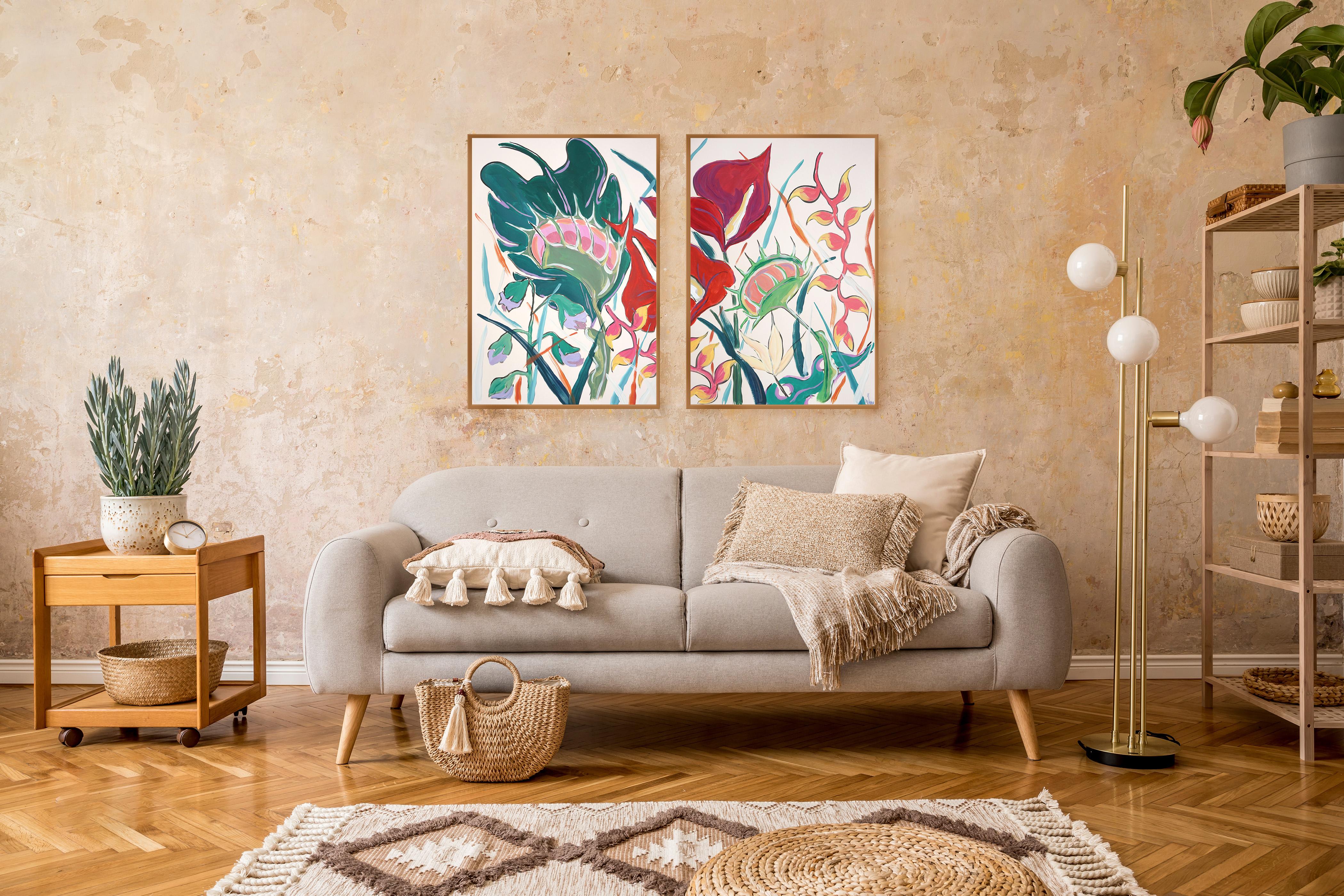 Botanical Painting, Large Diptych of Exotic Flowers, Expressionist Illustration For Sale 3