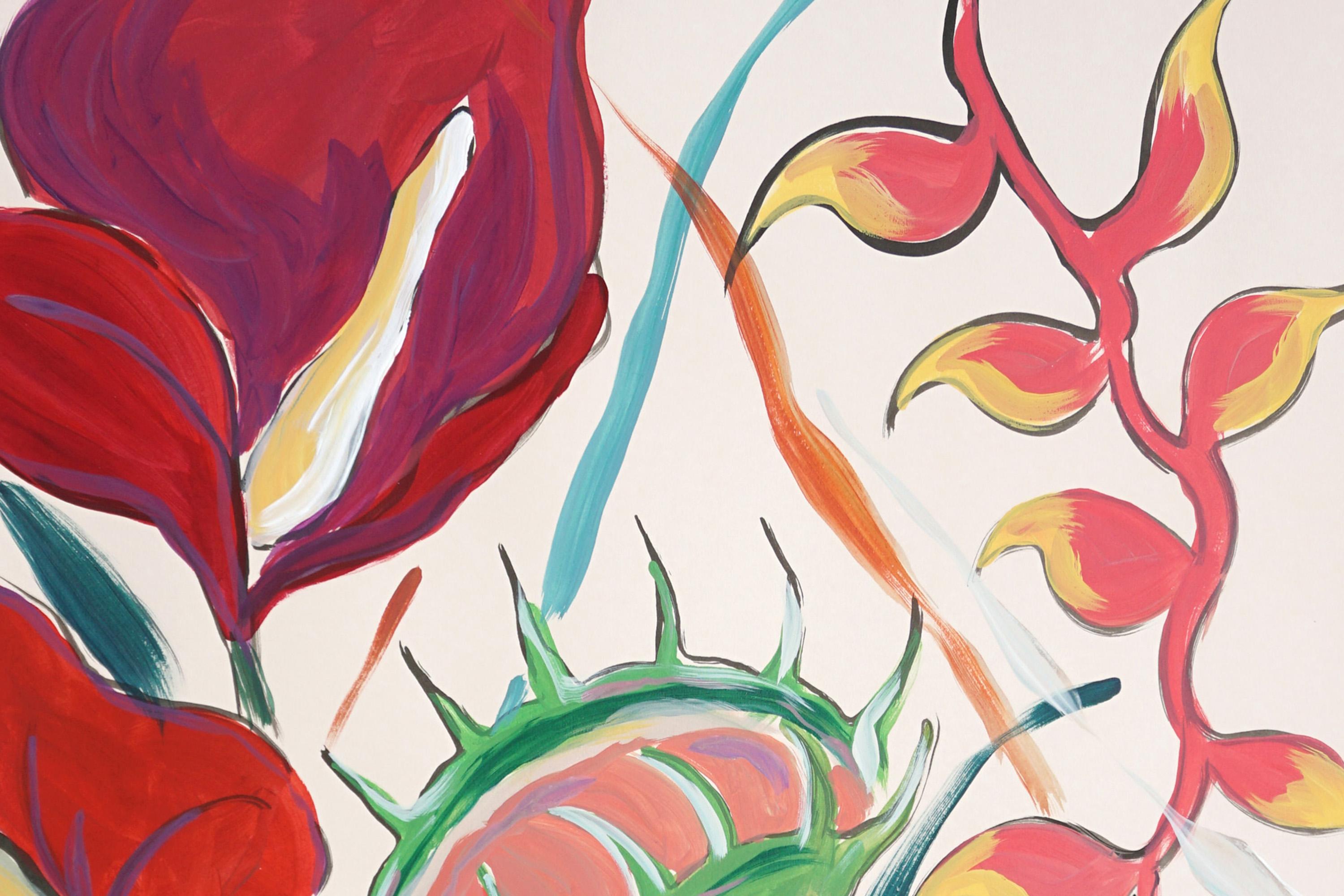 Botanical Painting, Large Diptych of Exotic Flowers, Expressionist Illustration For Sale 4