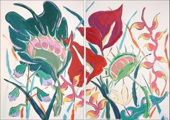 Pittura botanica, dittico di fiori esotici di grandi dimensioni, illustrazione espressionista