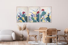 Cactus with Wildflowers, Figurative Botanical Triptych in Green and Yellow, 2026