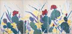 Cactus with Wildflowers, Figurative Botanical Triptych in Green and Yellow, 2026