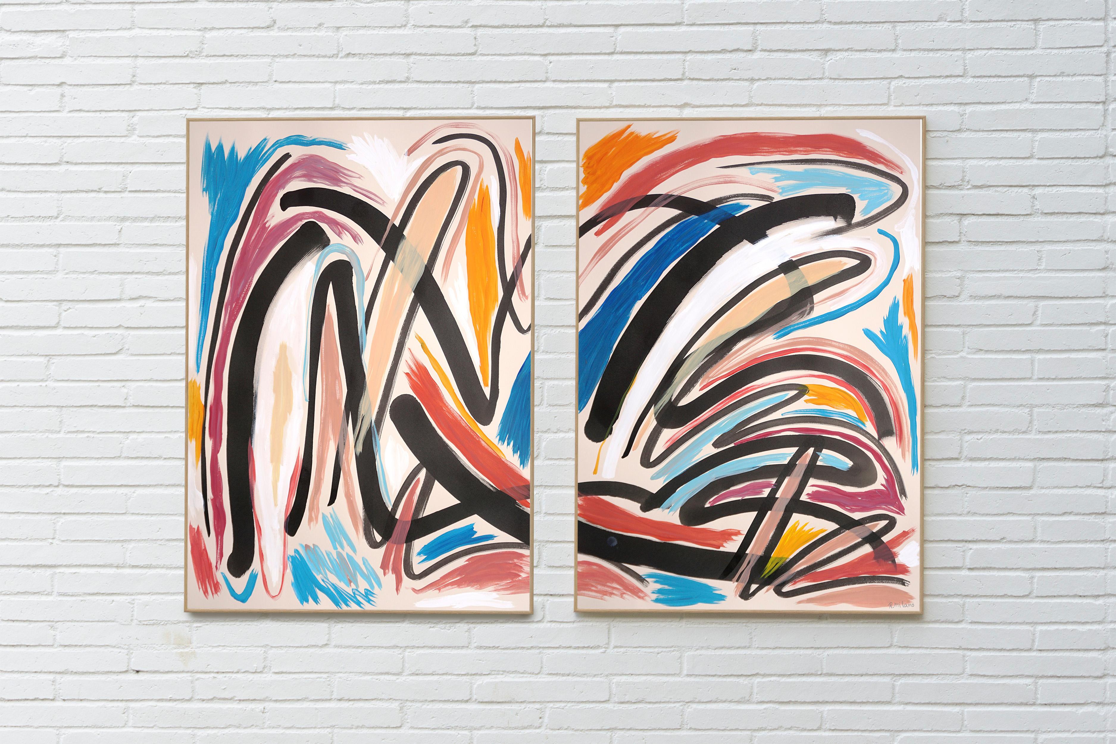 Atmosfera carnevalesca, Espressionista astratto, Dittico, Gesti dai toni primari - Painting di Romina Milano