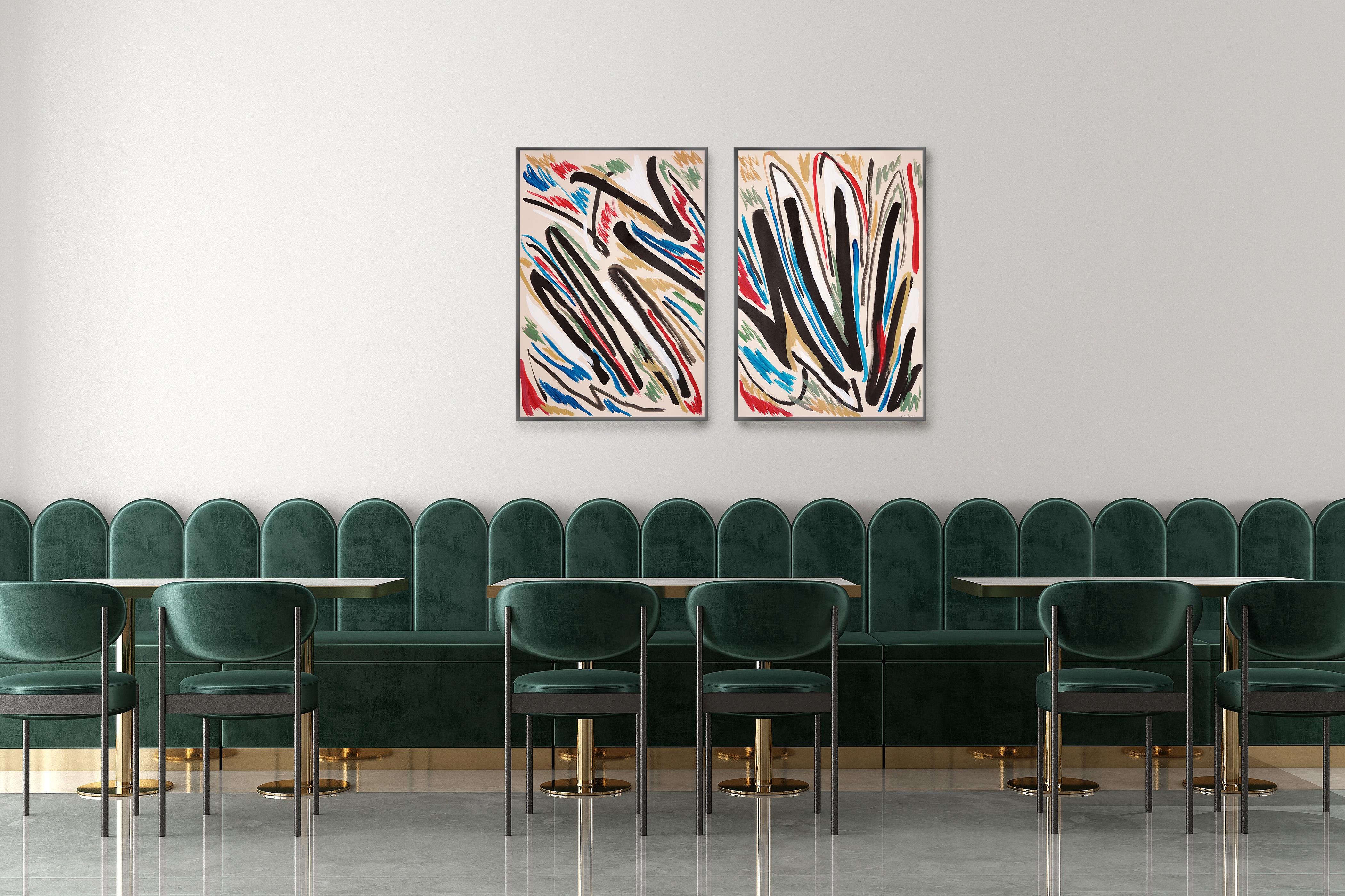 Spettacolo di luci di Carnevale, Dittico espressionista astratto, Gesti neri vigorosi - Painting Espressionismo astratto di Romina Milano