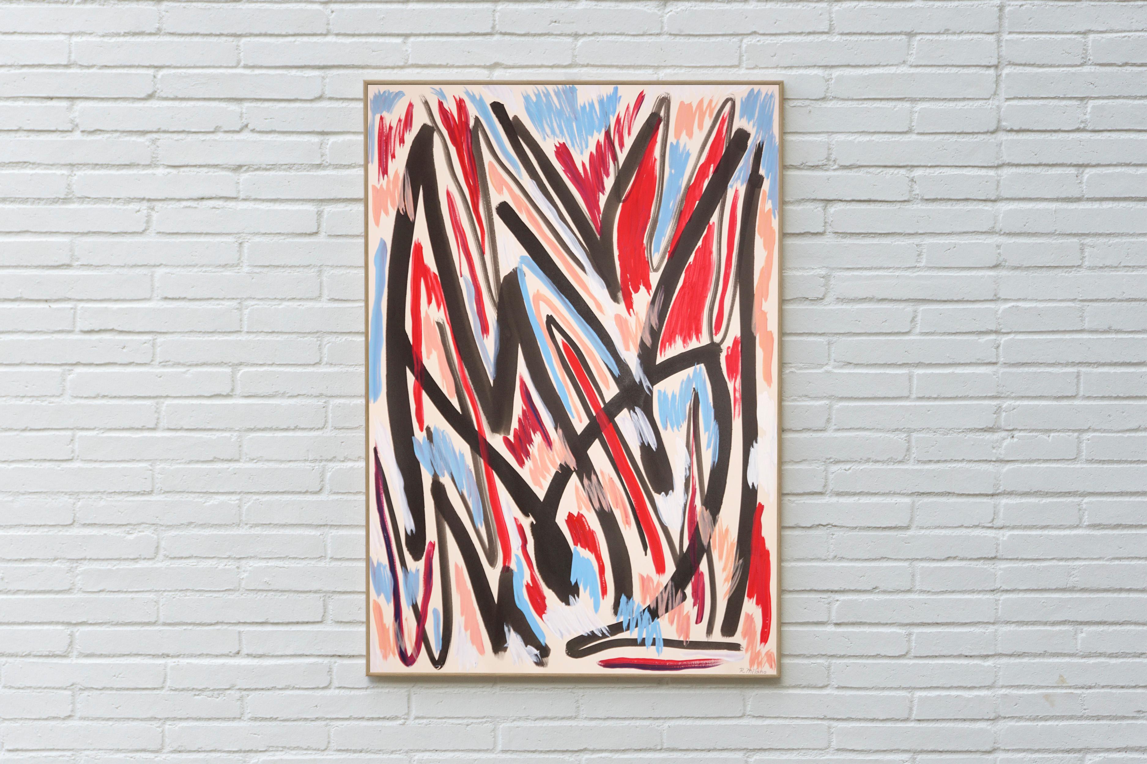Estaciones cambiantes, estilo expresionista abstracto en rojo y azul, gestos en negro - Painting de Romina Milano