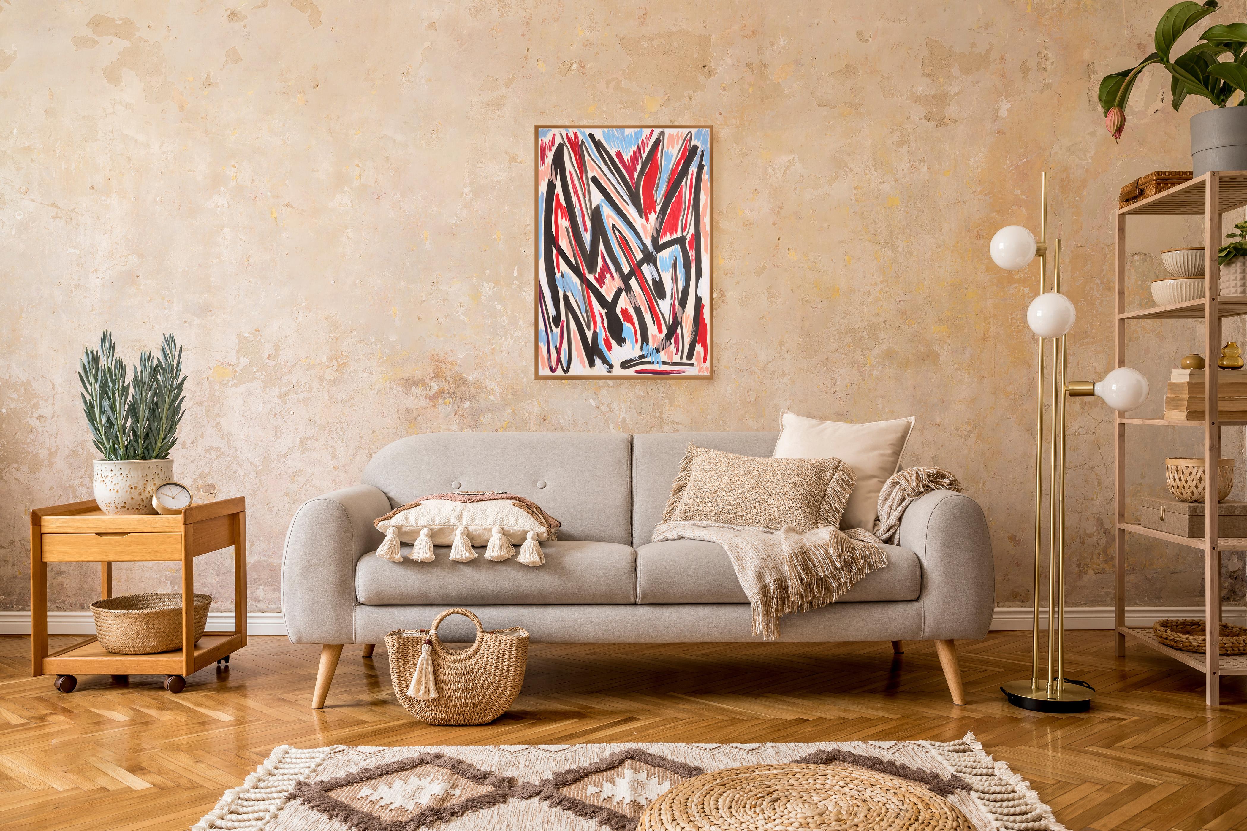 Changing Seasons, Abstract Expressionist Style in Red and Blue, Black Gestures For Sale 1
