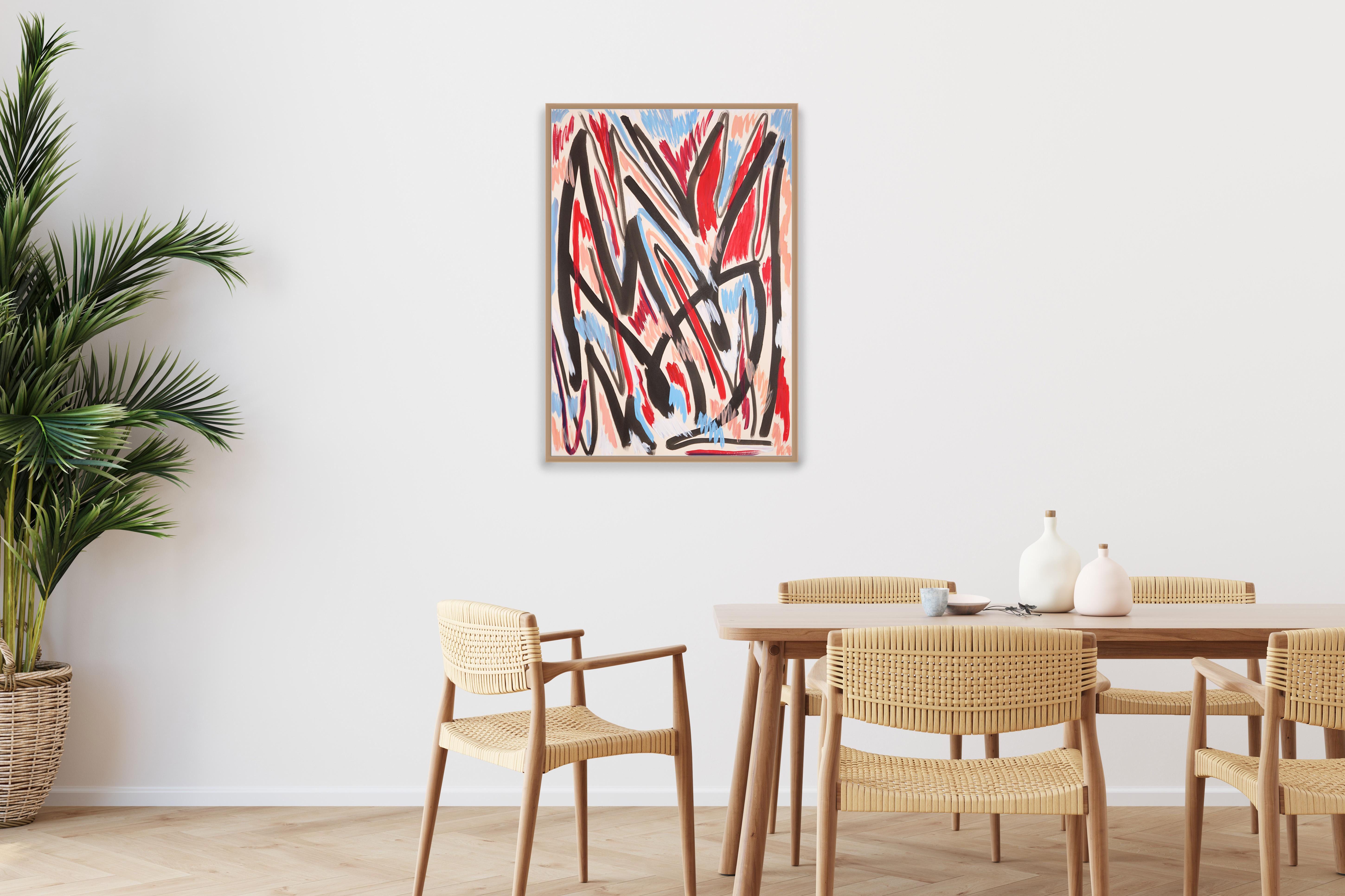 Changing Seasons, Abstract Expressionist Style in Red and Blue, Black Gestures For Sale 2