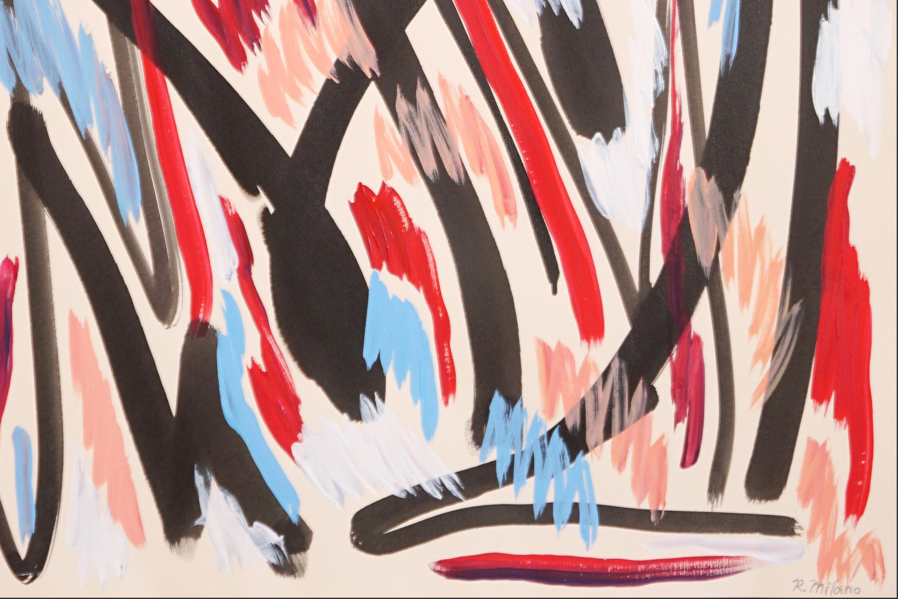 Estaciones cambiantes, estilo expresionista abstracto en rojo y azul, gestos en negro en venta 2