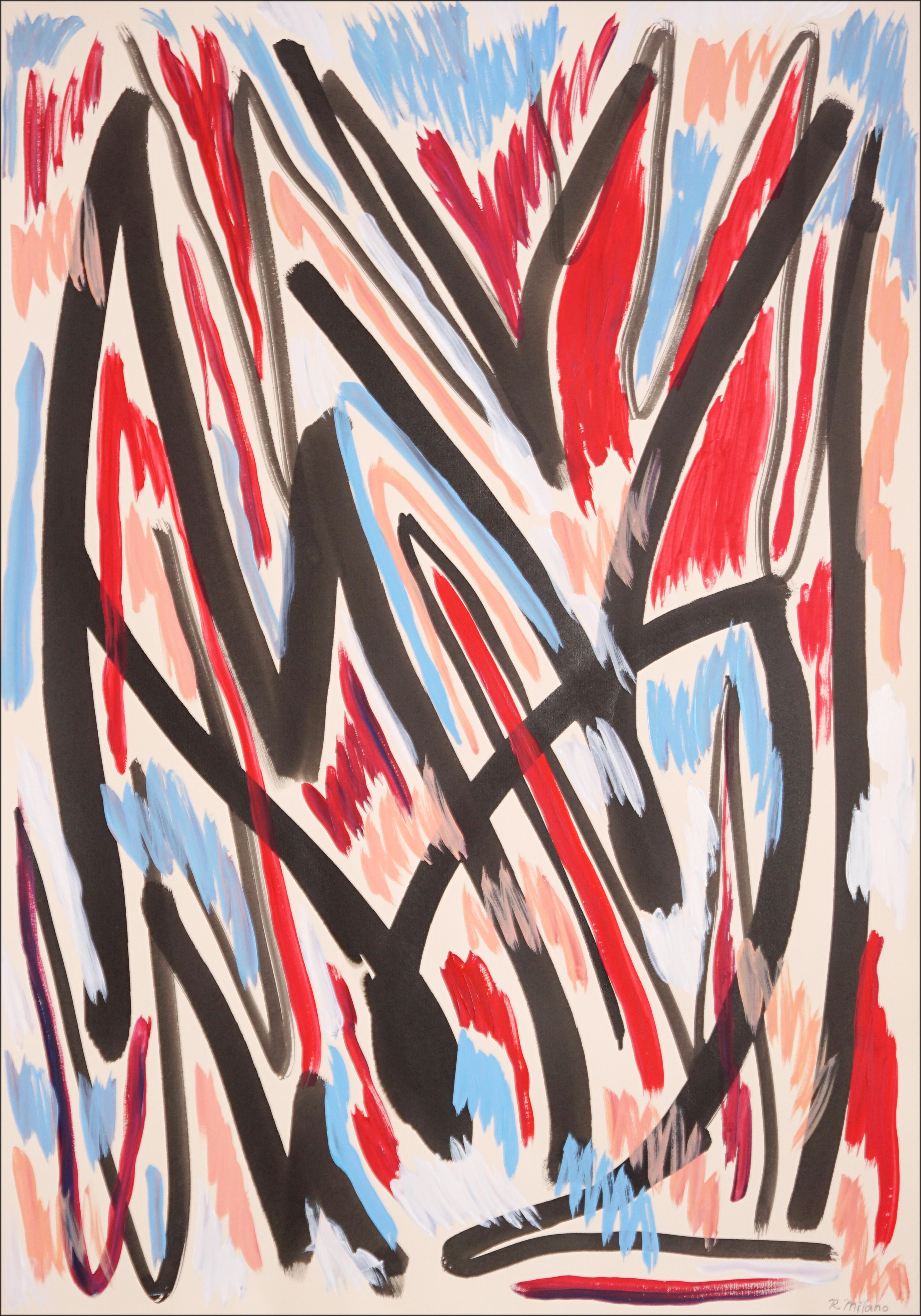 Romina Milano Abstract Painting - Changing Seasons, Abstract Expressionist Style in Red and Blue, Black Gestures