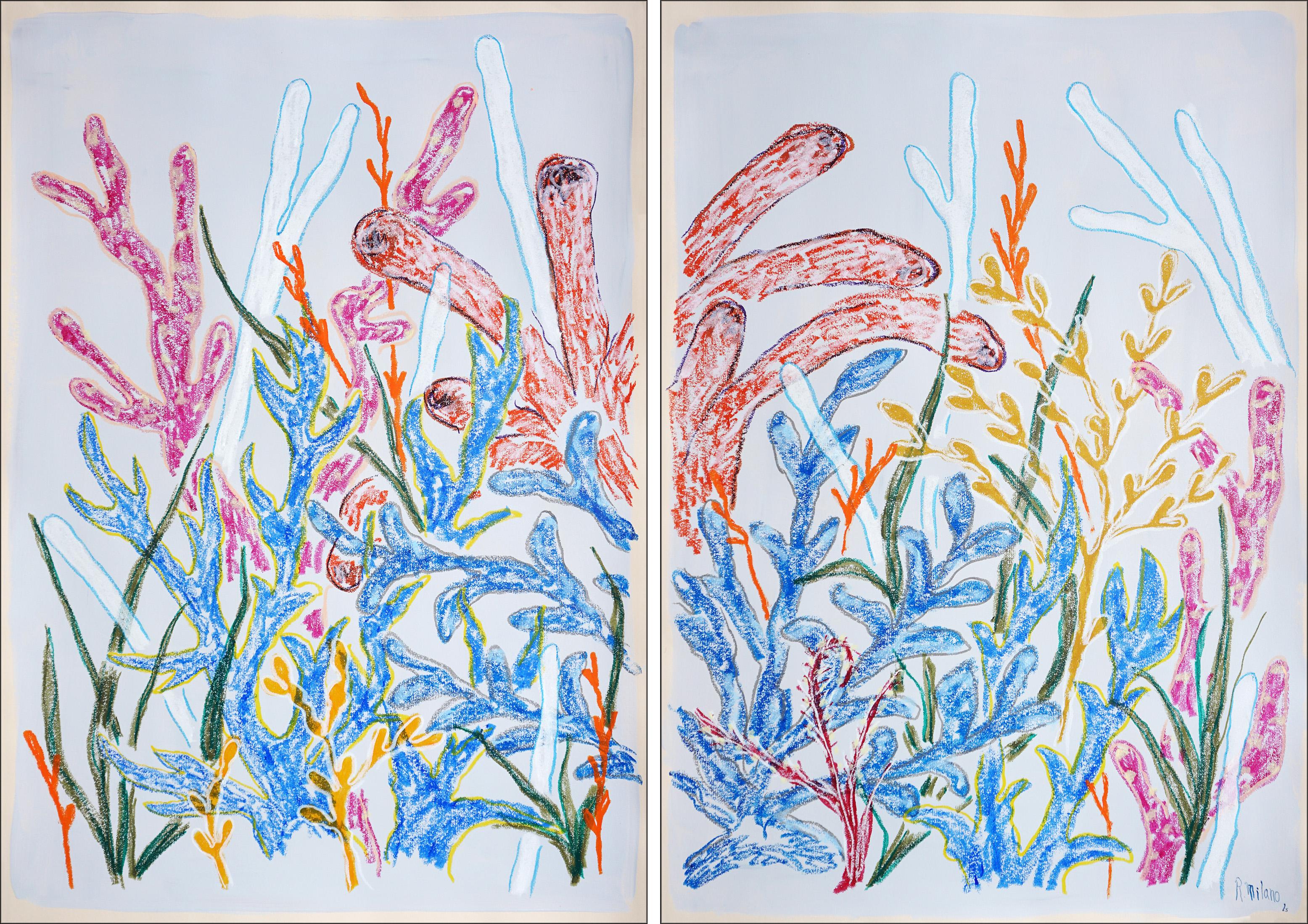 Color Corals on Blue, Illustration Style Seascape, Tropical Coral Reef Diptych