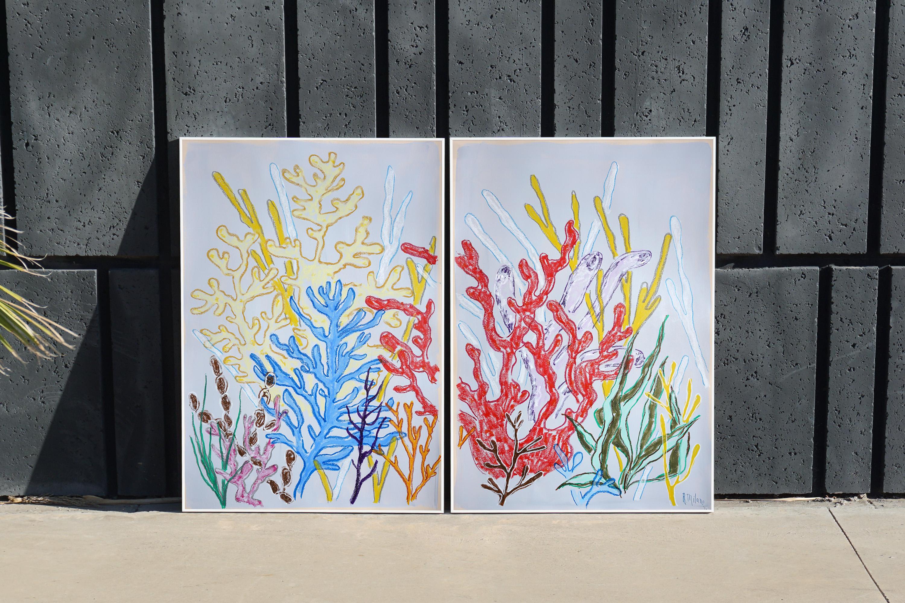 Colorful Corals, Marine Diptych, Vivid Tones Reef, Acrylic Painting on Paper - Gray Landscape Painting by Romina Milano