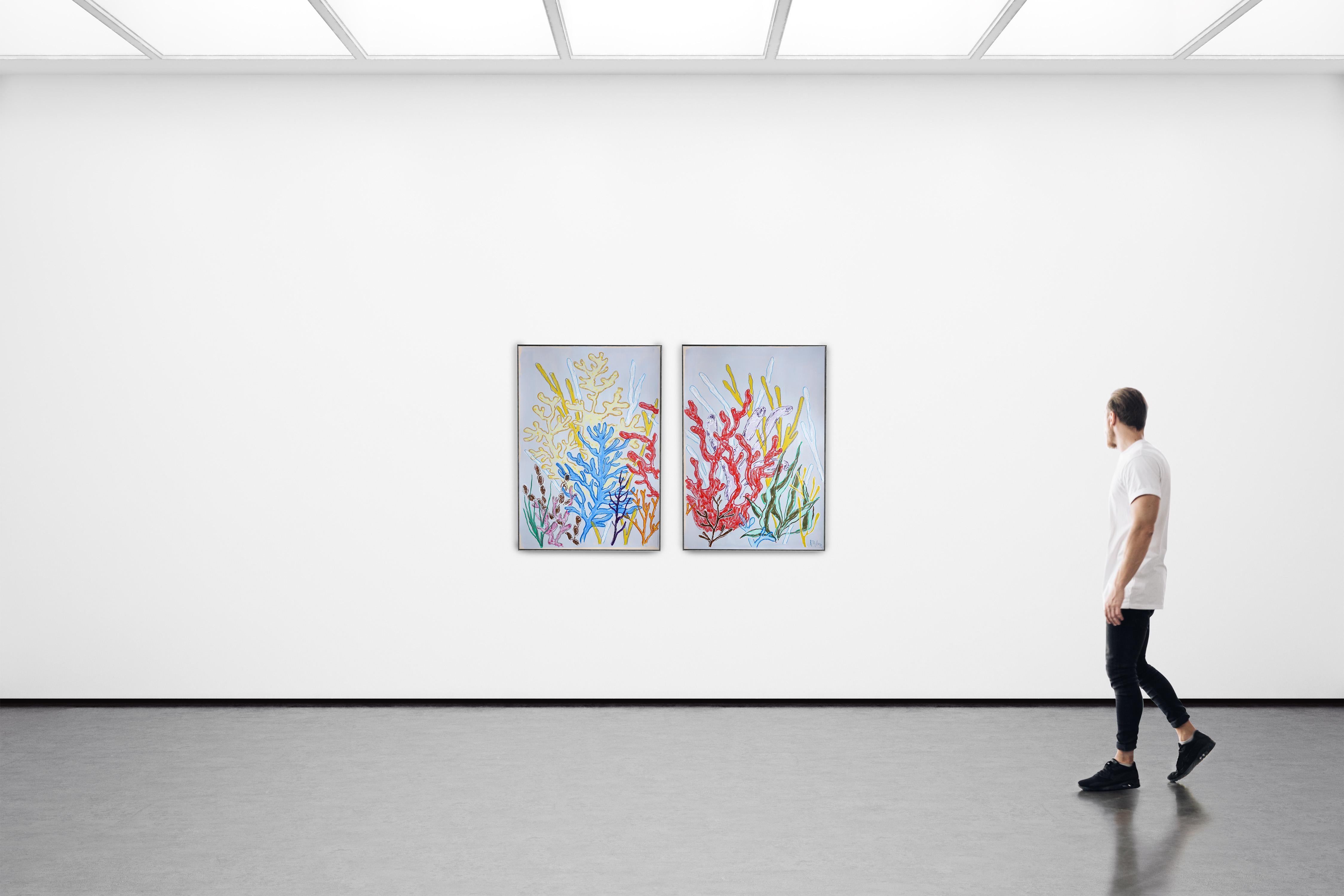 Colorful Corals II is a vibrant diptych that captures the rich diversity and texture of underwater coral life. The artist uses confident lines and bold, layered colors—reds, blues, yellows, purples, and earthy browns—to create a lively, almost