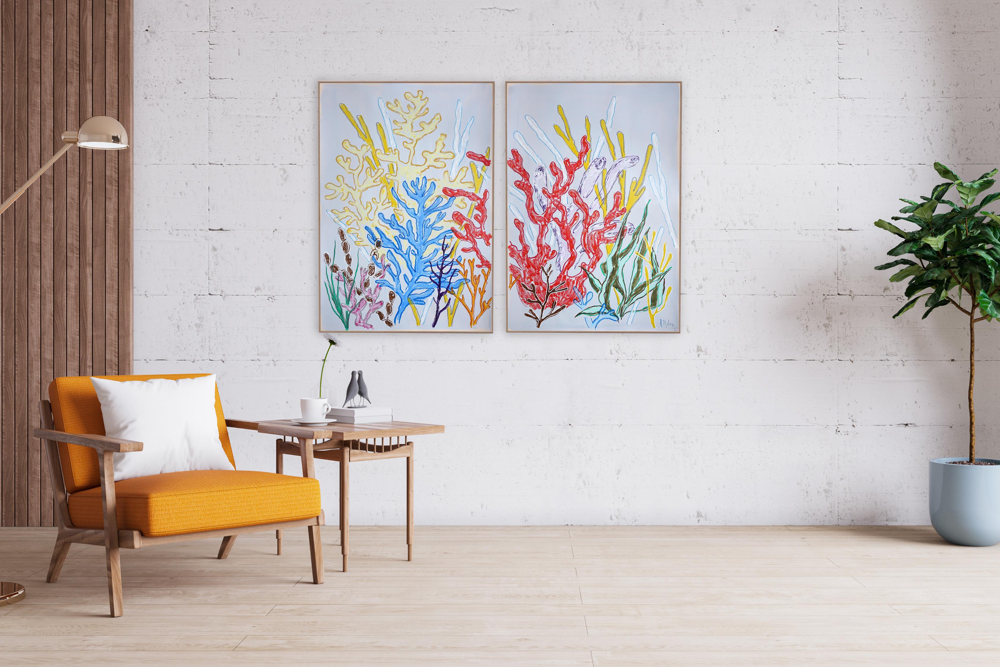 Colorful Corals, Marine Diptych, Vivid Tones Reef, Acrylic Painting on Paper For Sale 3